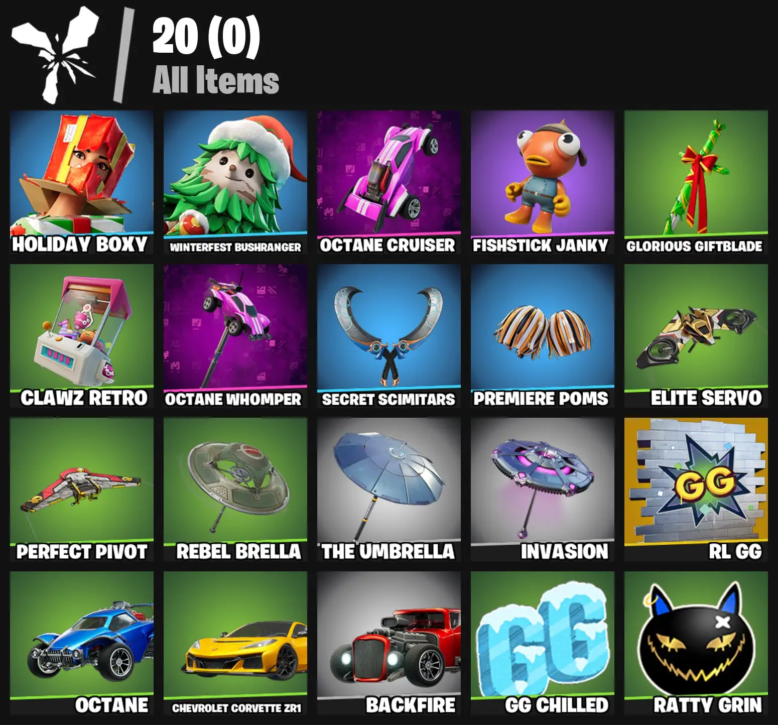 [PC/PSN/XBOX] 2 skins | Holiday Boxy | Winterfest Bushranger | Octane Cruiser | Fishstick Janky | Glorious Giftblade | Clawz Retro | Octane Whomper | 0 VB