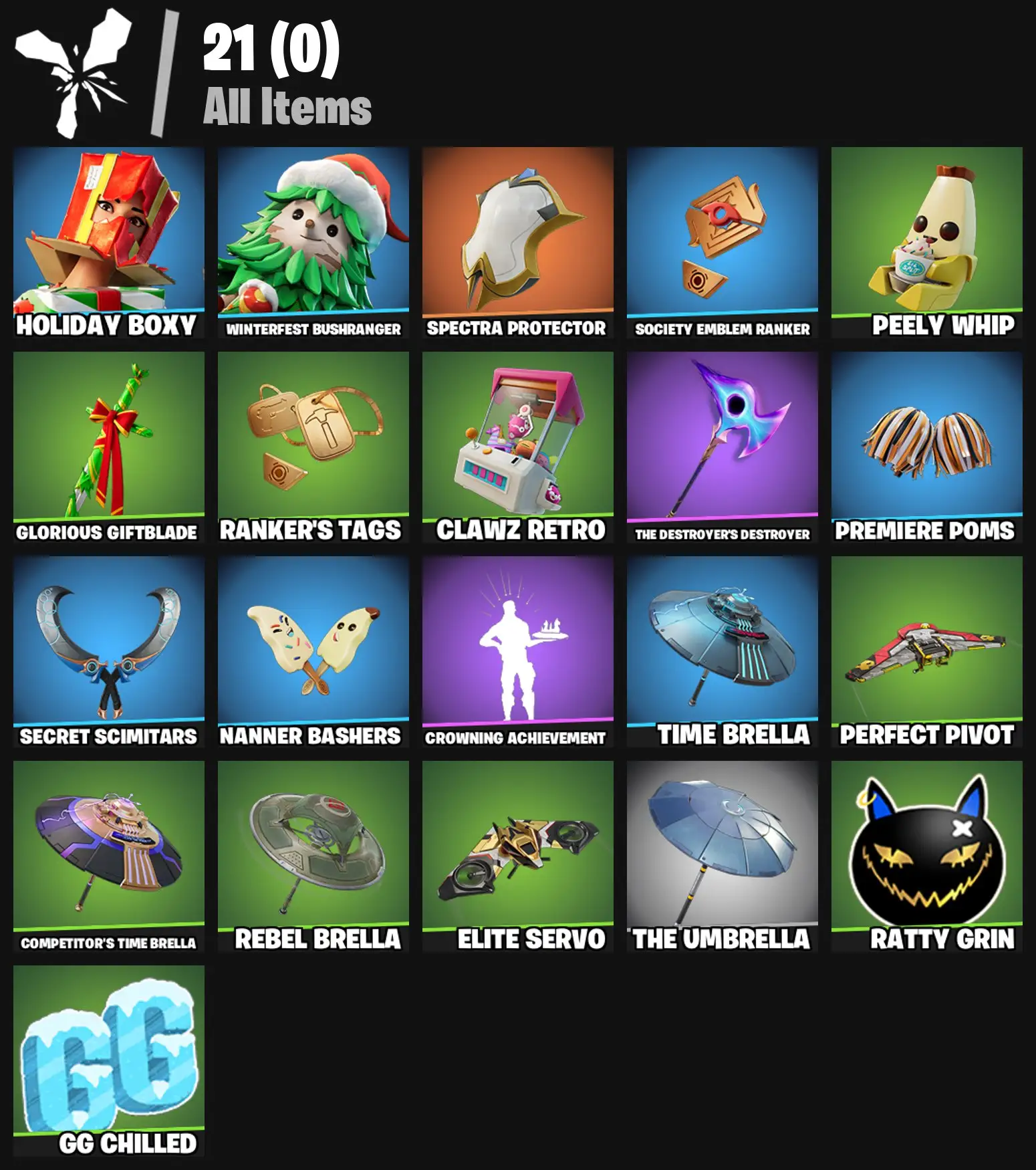 [PC/PSN/XBOX] 2 skins | Holiday Boxy | Winterfest Bushranger | Spectra Protector | Society Emblem Ranker | Peely Whip | Glorious Giftblade | 0 VB