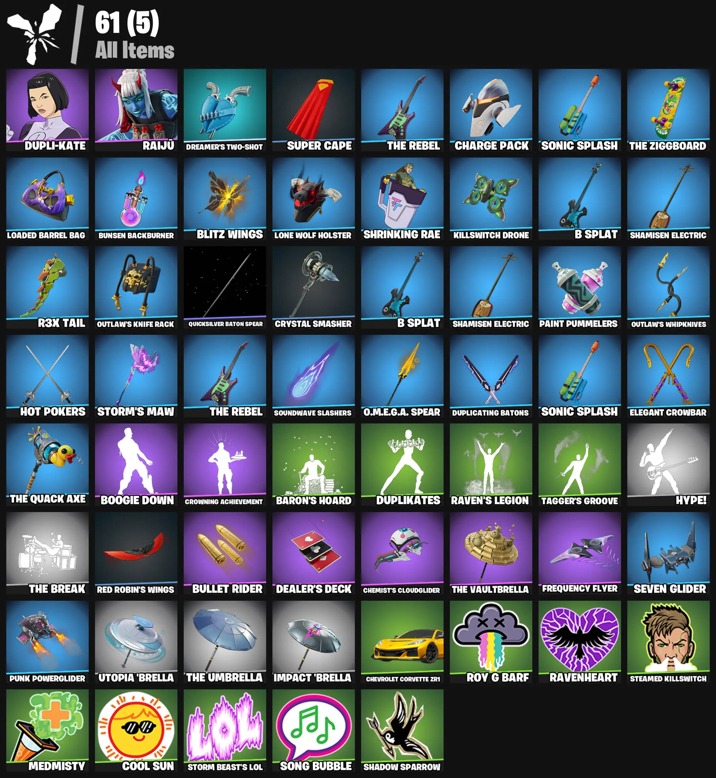 [PC/PSN/XBOX] 2 skins | Dupli-Kate | Raijū | Dreamer's Two-Shot | Super Cape | The Rebel | Charge Pack | Sonic Splash | The Ziggboard | 300 VB