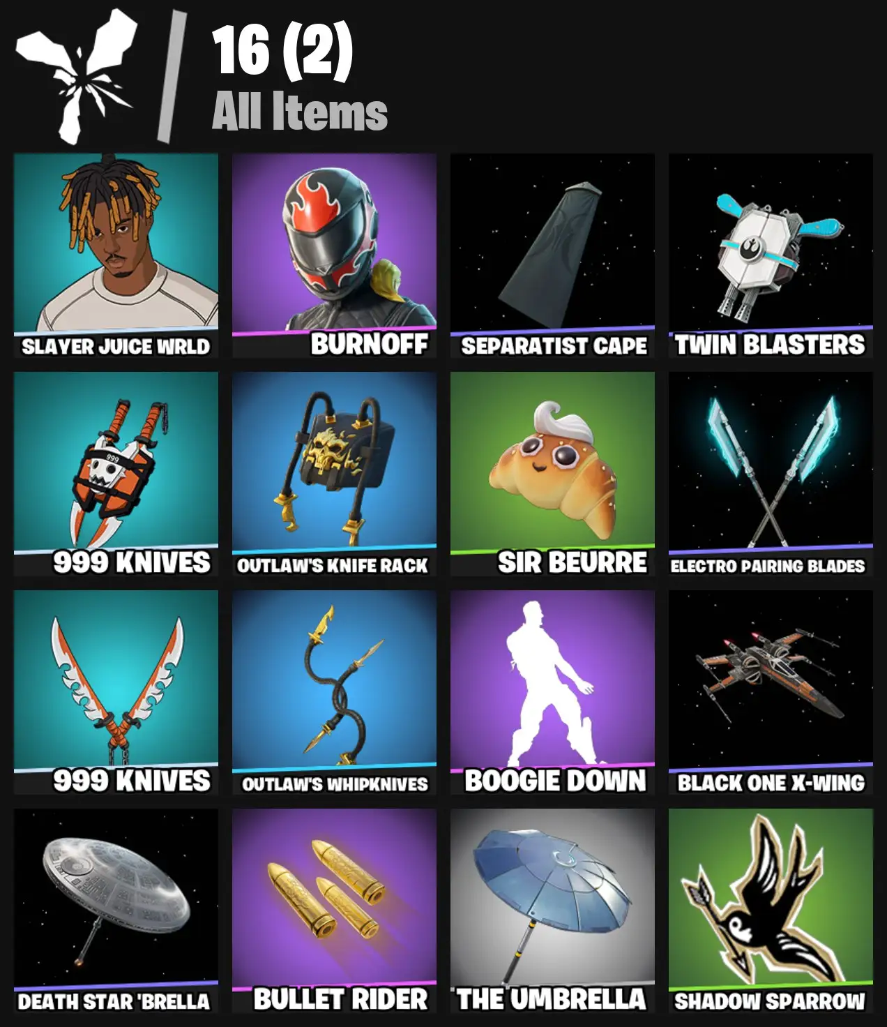 [PC/PSN/XBOX] 2 skins | Slayer Juice WRLD | Burnoff | Separatist Cape | Twin Blasters | 999 Knives | Outlaw's Knife Rack | Sir Beurre | 100 VB