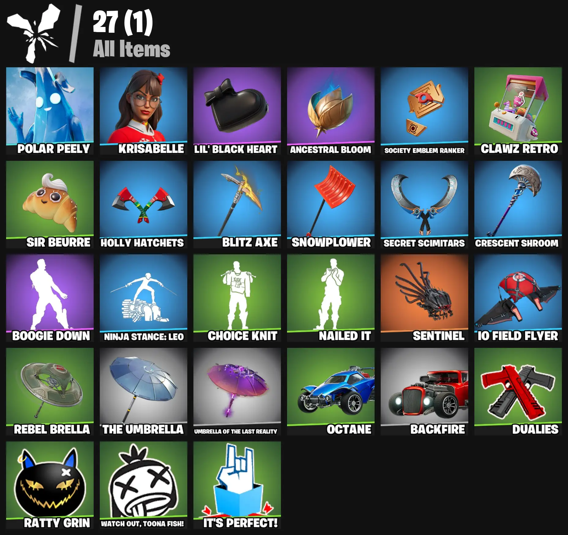 [PC/PSN/XBOX] 2 skins | Polar Peely | Krisabelle | Lil' Black Heart | Ancestral Bloom | Society Emblem Ranker | Clawz Retro | Sir Beurre | 0 VB