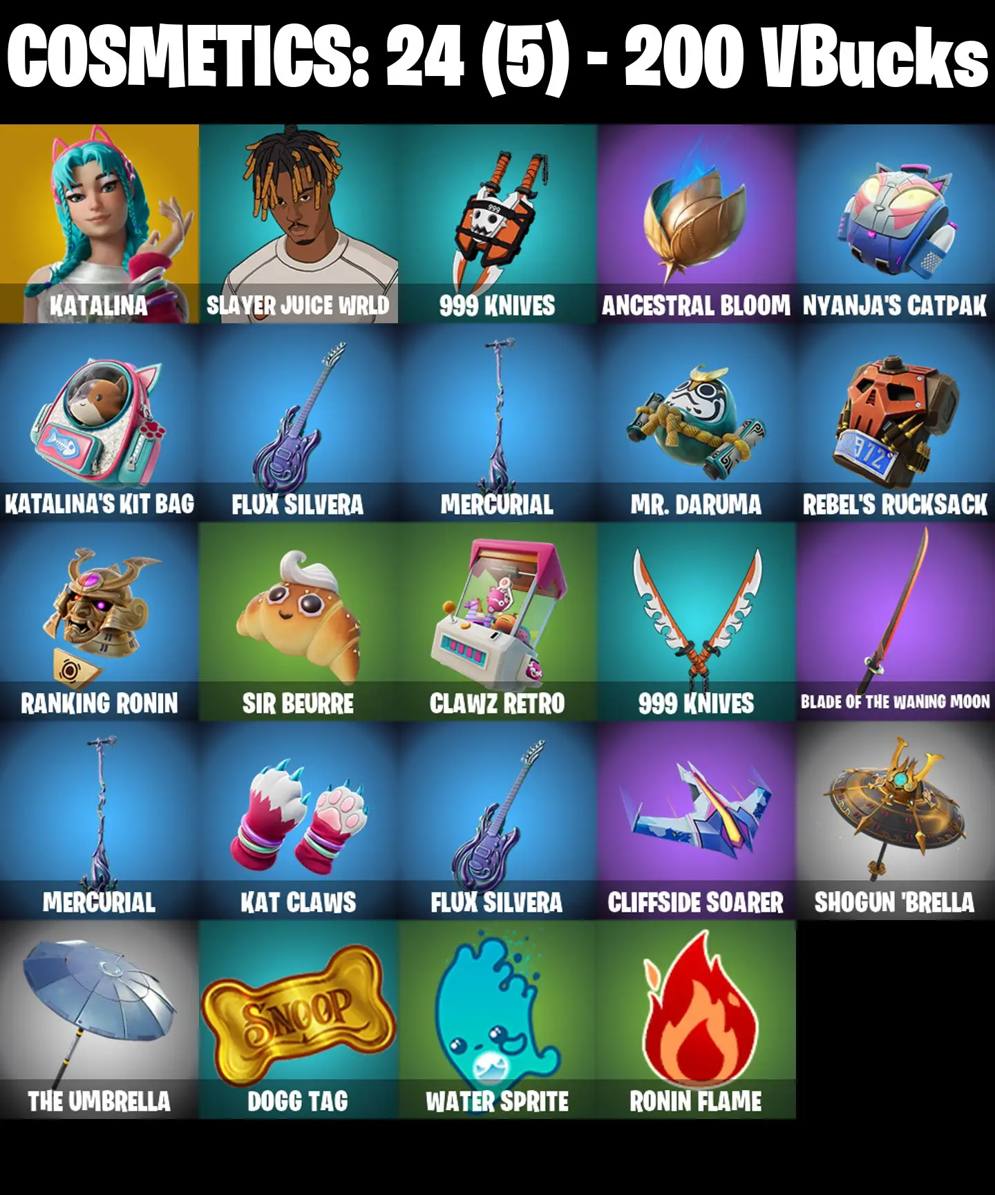 [PC/PSN/XBOX] 2 skins | Katalina | Slayer Juice WRLD | 999 Knives | Ancestral Bloom | Nyanja's Catpak | Katalina's Kit Bag | Flux Silvera | 200 VB