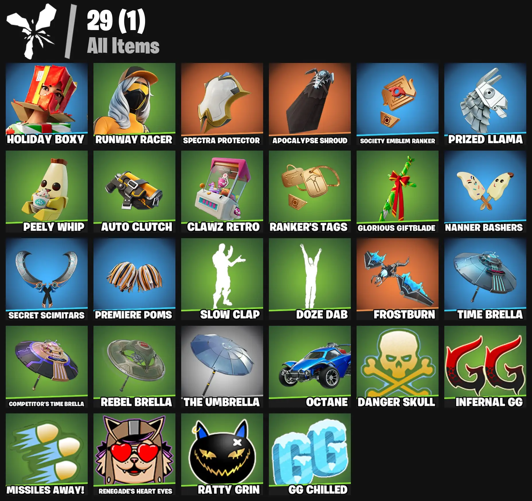 [PC/PSN/XBOX] 2 skins | Holiday Boxy | Runway Racer | Spectra Protector | Apocalypse Shroud | Society Emblem Ranker | Prized Llama | Peely Whip | 0 VB