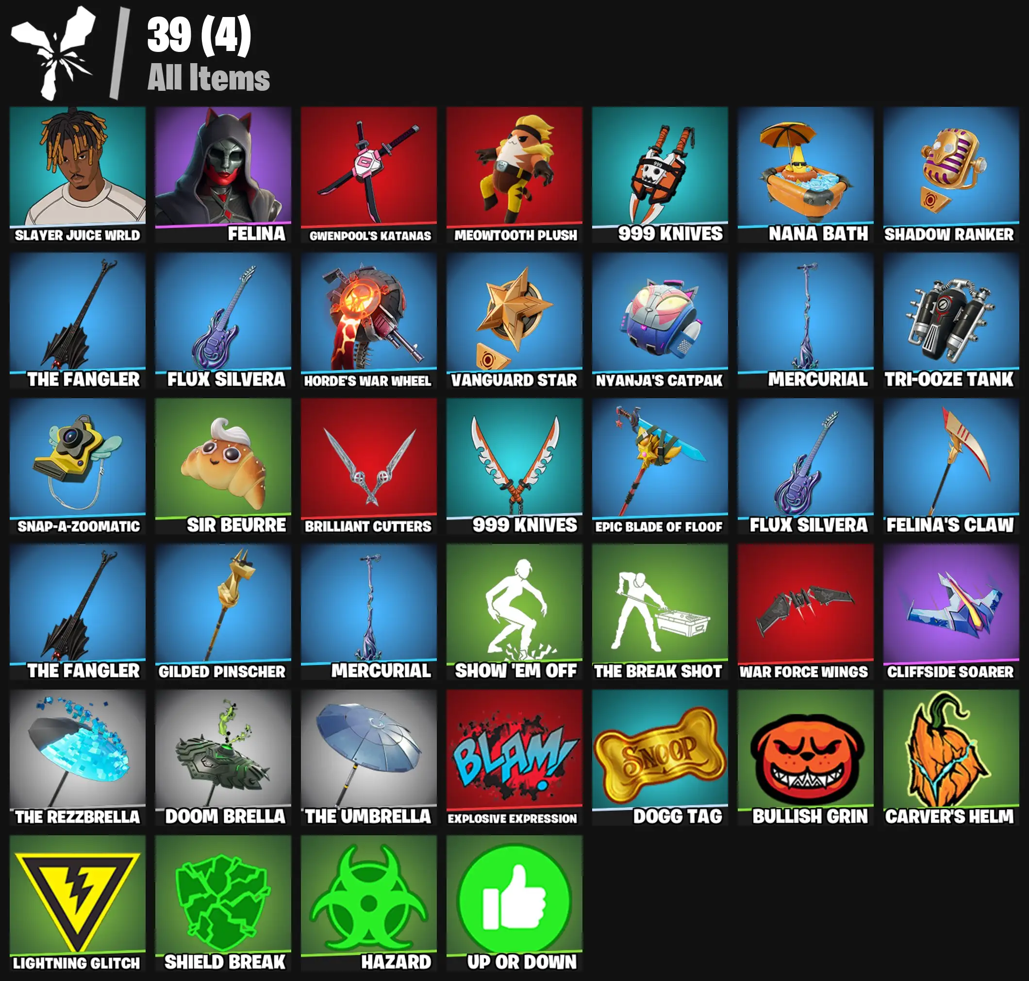 [PC/PSN/XBOX] 2 skins | Slayer Juice WRLD | Felina | Gwenpool's Katanas | Meowtooth Plush | 999 Knives | NaNa Bath | SHADOW Ranker | The Fangler | 200 VB