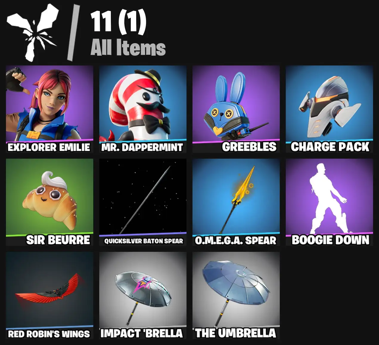 [PC/PSN/XBOX] 2 skins | Explorer Emilie | Mr. Dappermint | Greebles | Charge Pack | Sir Beurre | Quicksilver Baton Spear | O.M.E.G.A. Spear | 100 VB