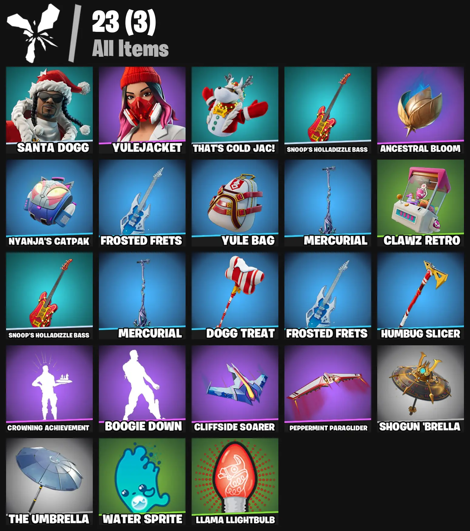 [PC/PSN/XBOX] 2 skins | Santa Dogg | Yulejacket | That's Cold Jac! | Snoop's Holladizzle Bass | Ancestral Bloom | Nyanja's Catpak | Frosted Frets | 100 VB