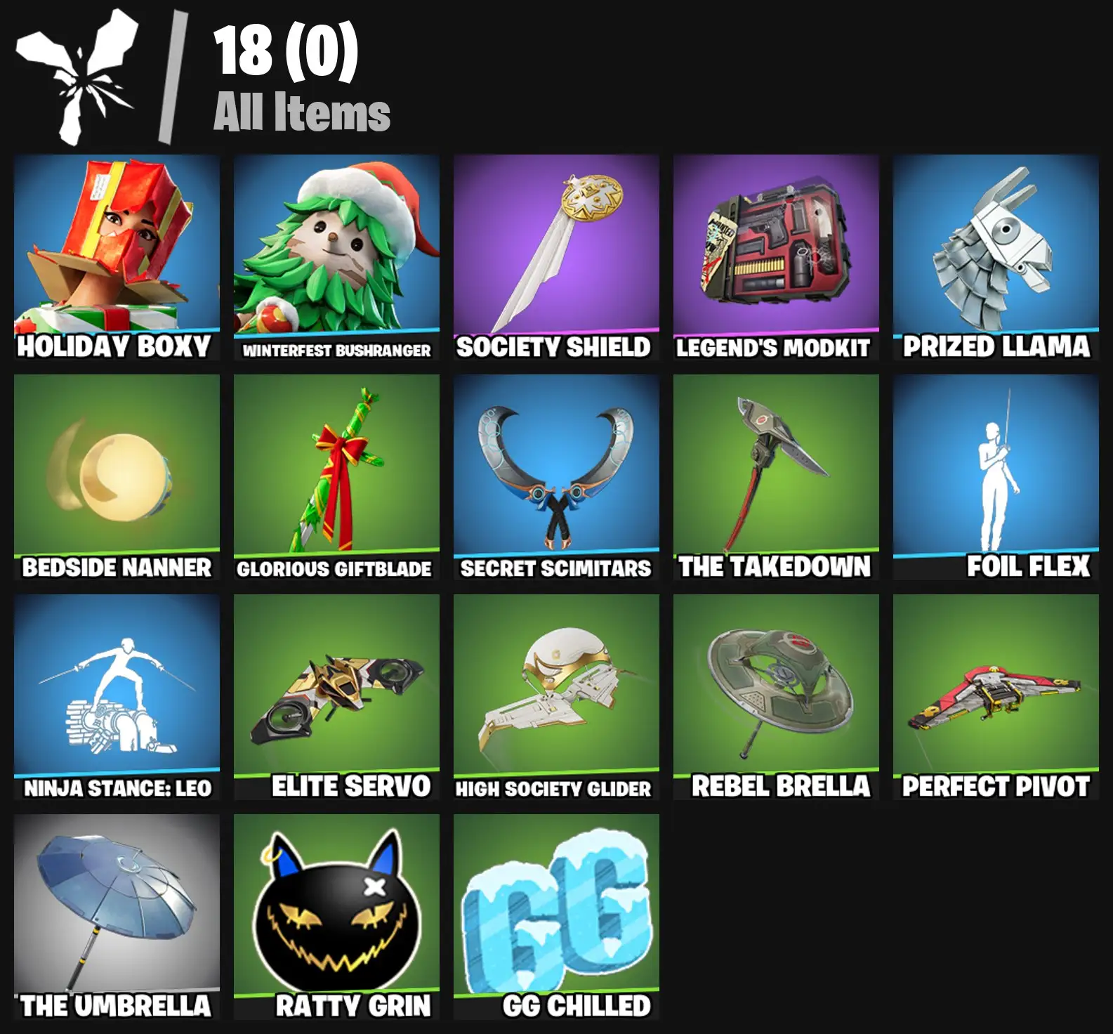 [PC/PSN/XBOX] 2 skins | Holiday Boxy | Winterfest Bushranger | Society Shield | Legend's Modkit | Prized Llama | Bedside Nanner | Glorious Giftblade | 100 VB