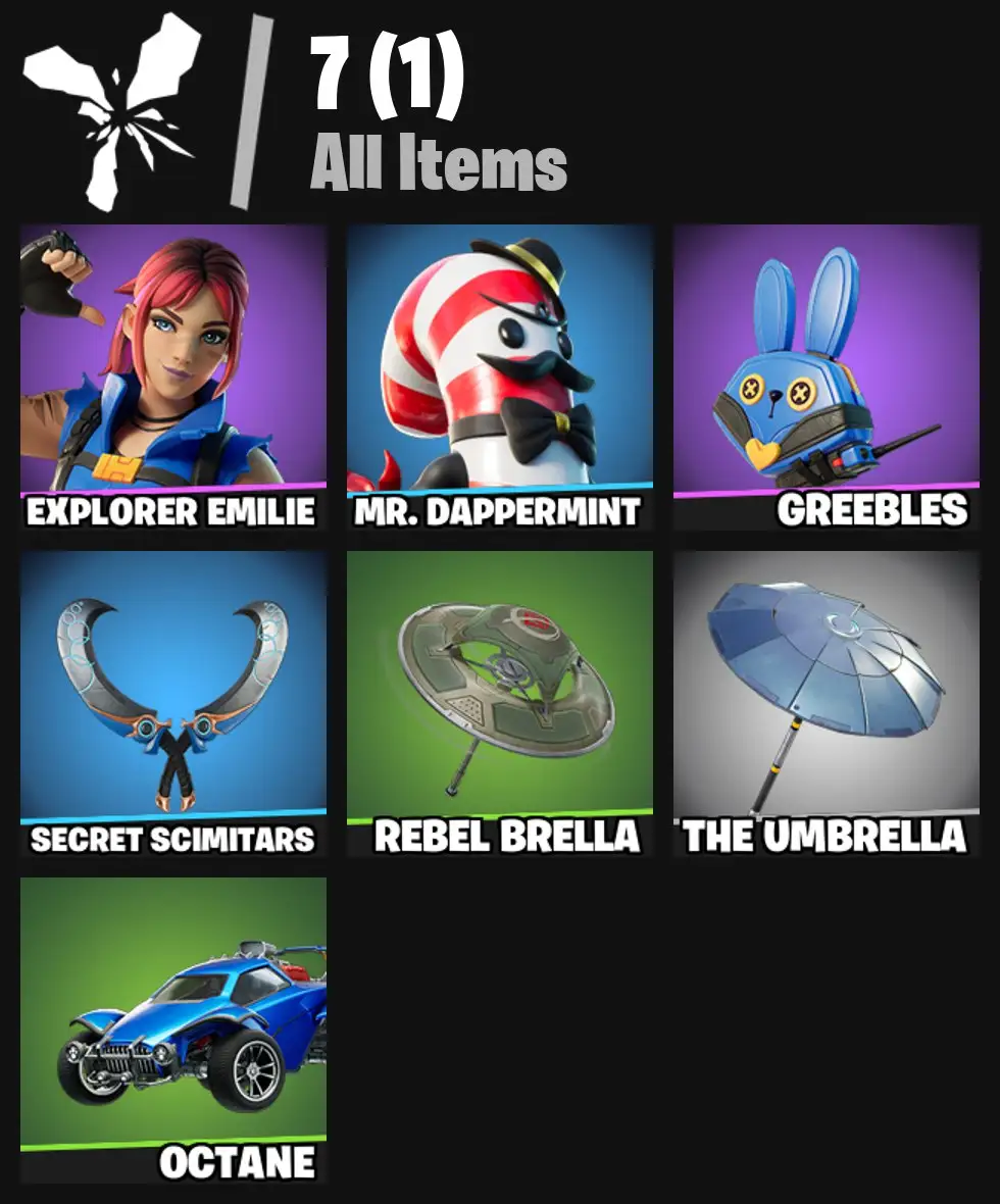 [PC/PSN/XBOX] 2 skins | Explorer Emilie | Mr. Dappermint | Greebles | Secret Scimitars | Rebel Brella | The Umbrella | 0 VB
