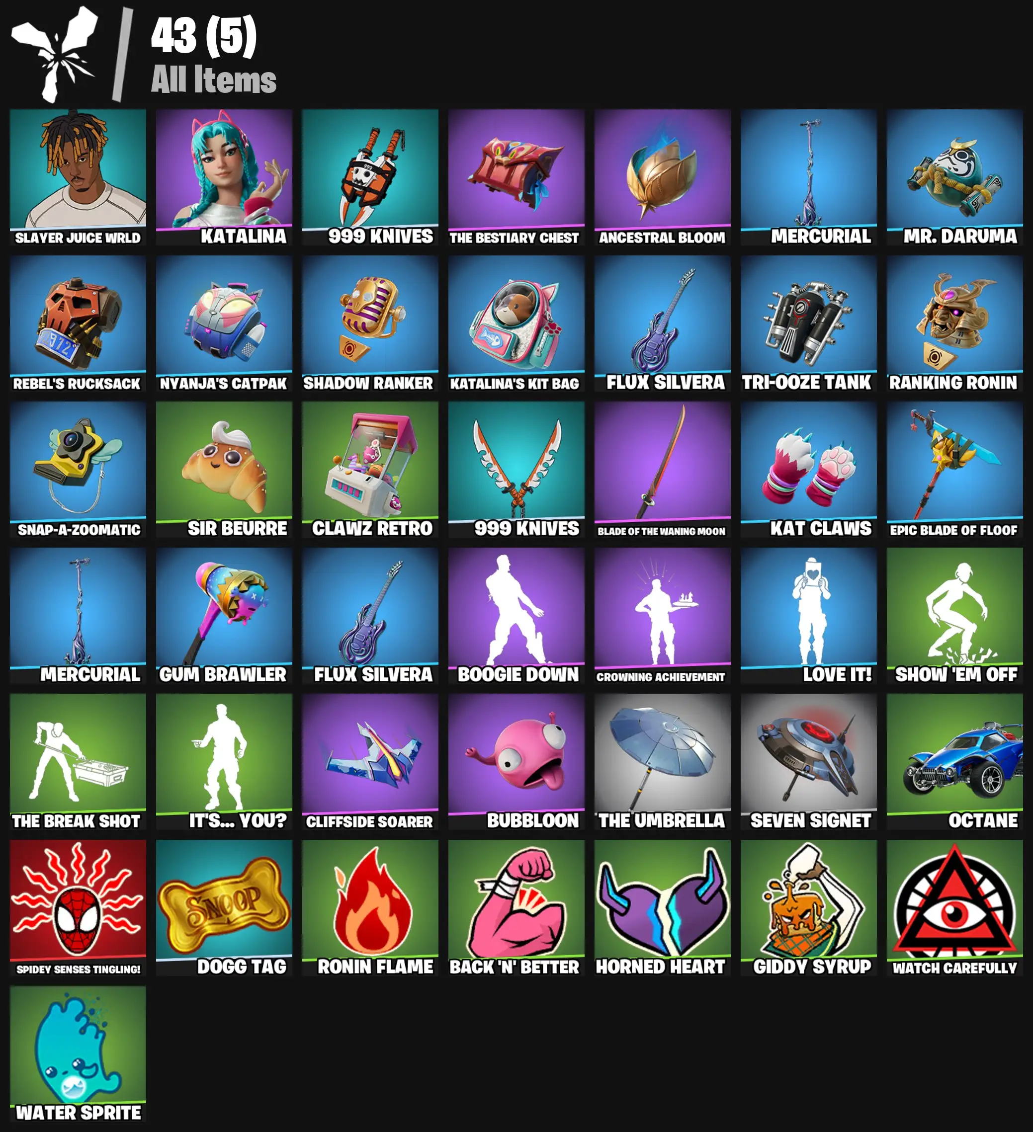 [PC/PSN/XBOX] 2 skins | Slayer Juice WRLD | Katalina | 999 Knives | The Bestiary Chest | Ancestral Bloom | Mercurial | Mr. Daruma | Rebel's Rucksack | 100 VB