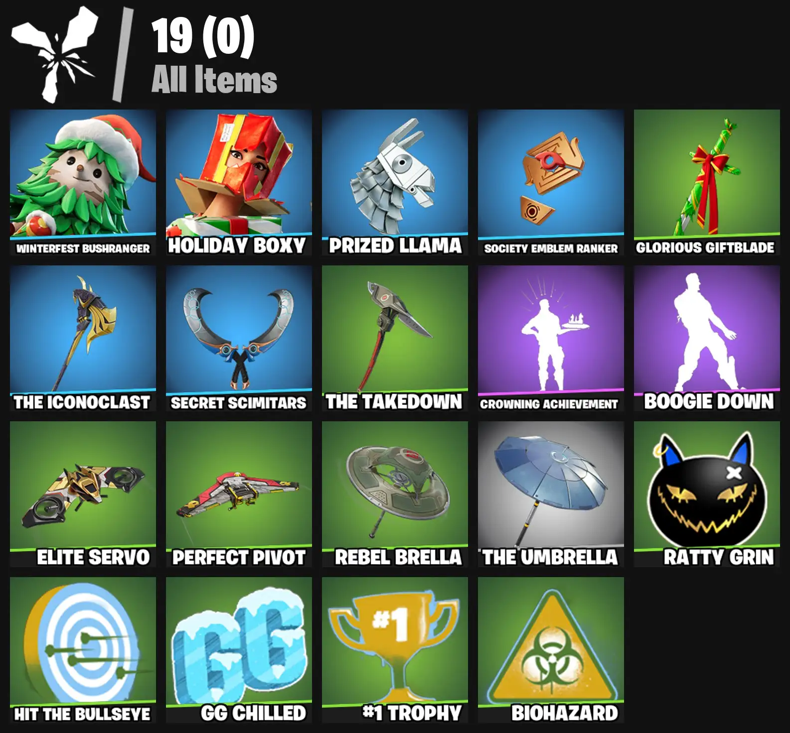 [PC/PSN/XBOX] 2 skins | Winterfest Bushranger | Holiday Boxy | Prized Llama | Society Emblem Ranker | Glorious Giftblade | The Iconoclast | 100 VB
