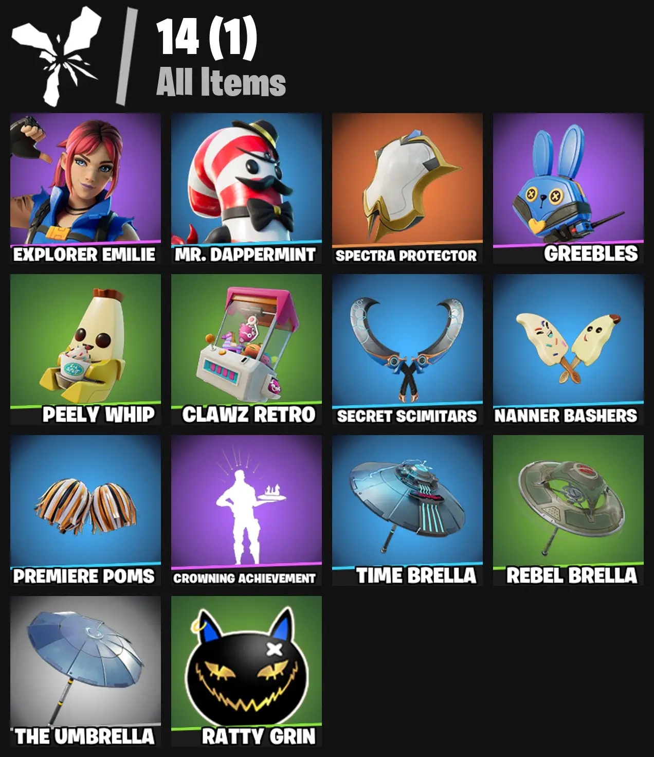 [PC/PSN/XBOX] 2 skins | Explorer Emilie | Mr. Dappermint | Spectra Protector | Greebles | Peely Whip | Clawz Retro | Secret Scimitars | Nanner Bashers | 0 VB