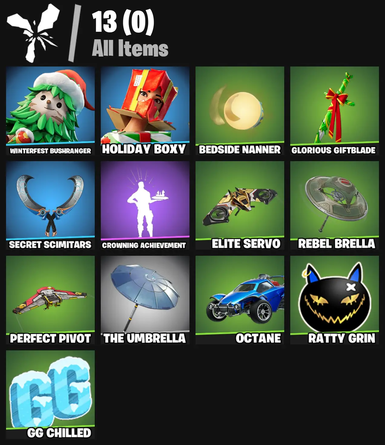 [PC/PSN/XBOX] 2 skins | Winterfest Bushranger | Holiday Boxy | Bedside Nanner | Glorious Giftblade | Secret Scimitars | Crowning Achievement | 0 VB