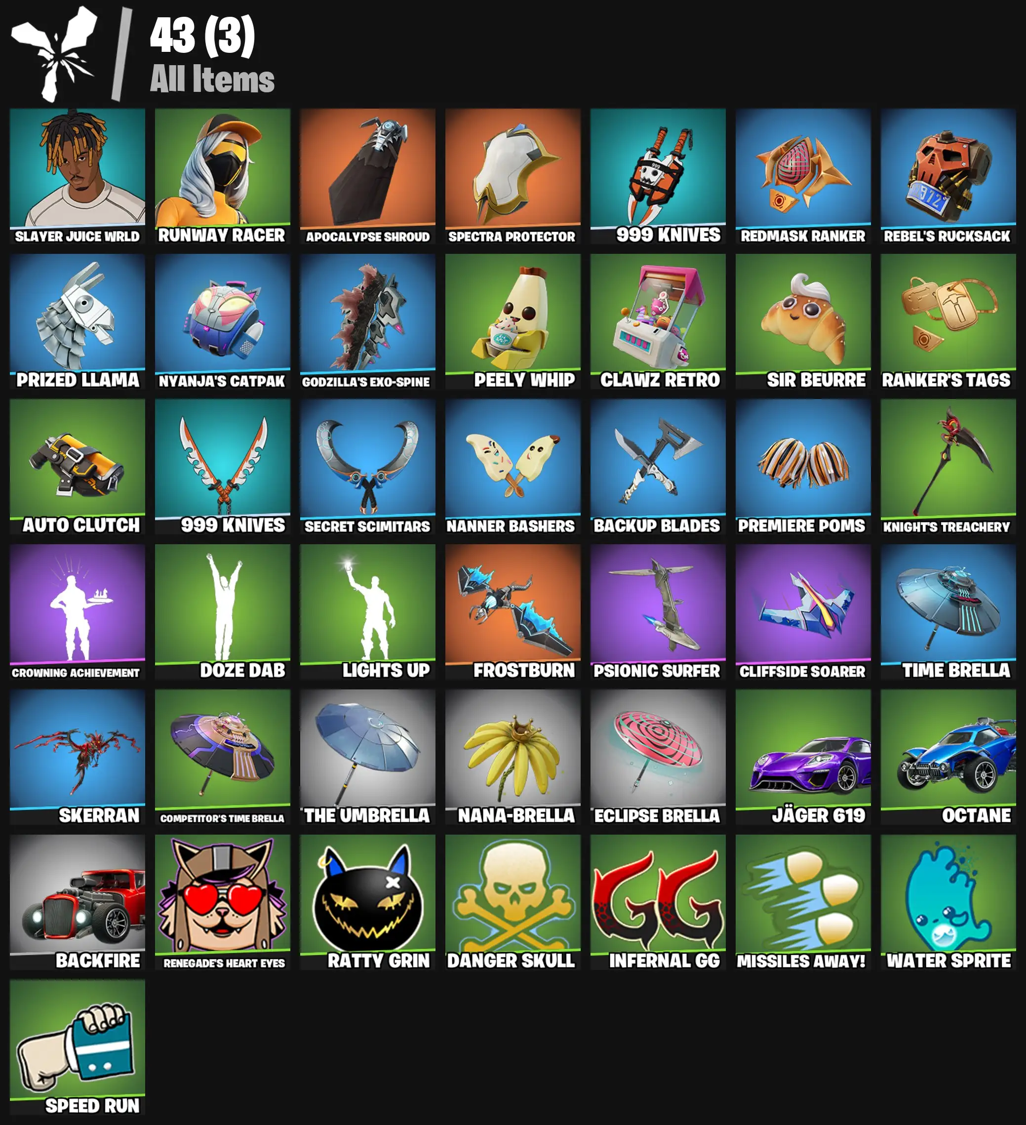 [PC/PSN/XBOX] 2 skins | Slayer Juice WRLD | Runway Racer | Apocalypse Shroud | Spectra Protector | 999 Knives | Redmask Ranker | Rebel's Rucksack | 200 VB