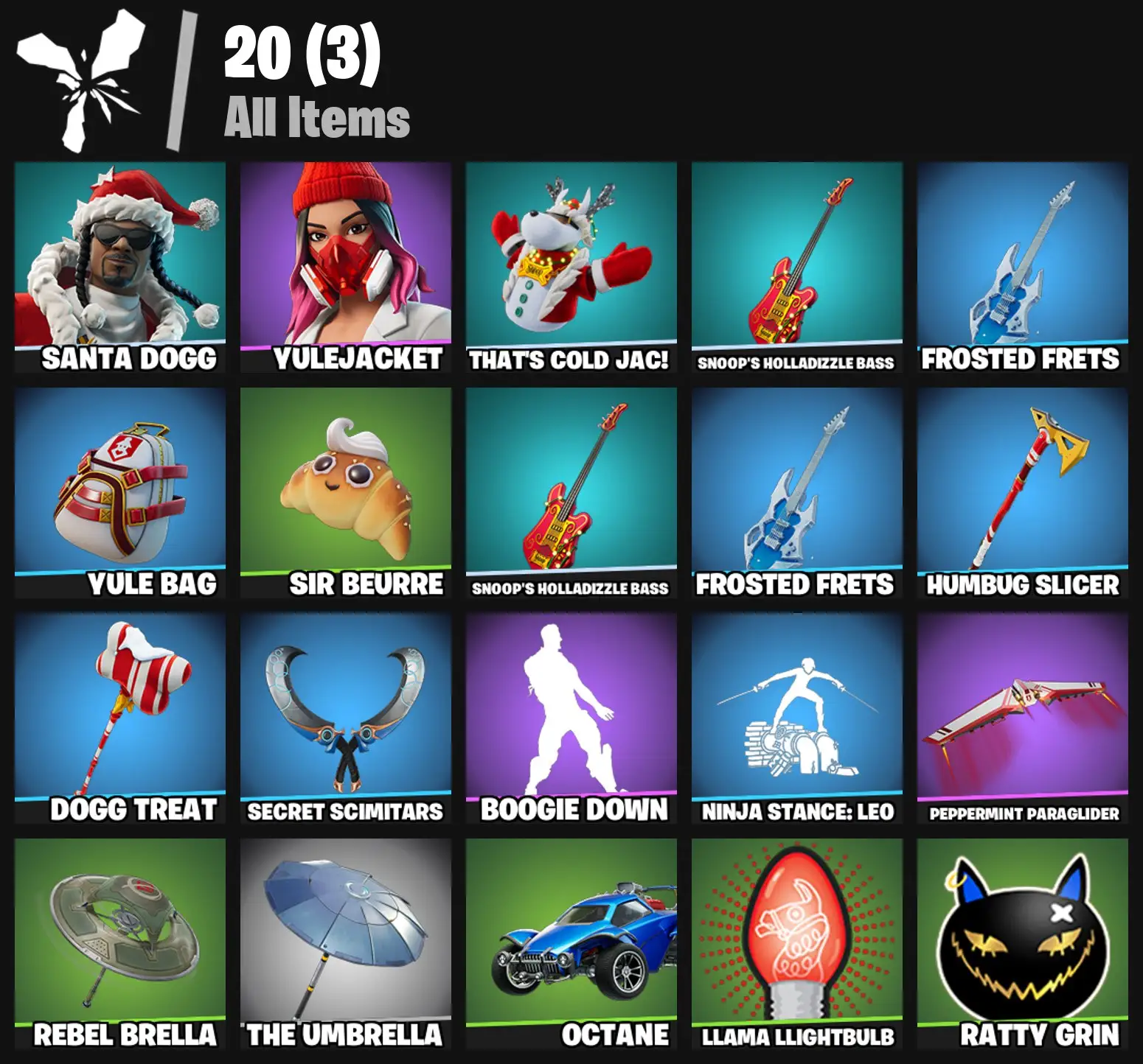 [PC/PSN/XBOX] 2 skins | Santa Dogg | Yulejacket | That's Cold Jac! | Snoop's Holladizzle Bass | Frosted Frets | Yule Bag | Sir Beurre | 0 VB