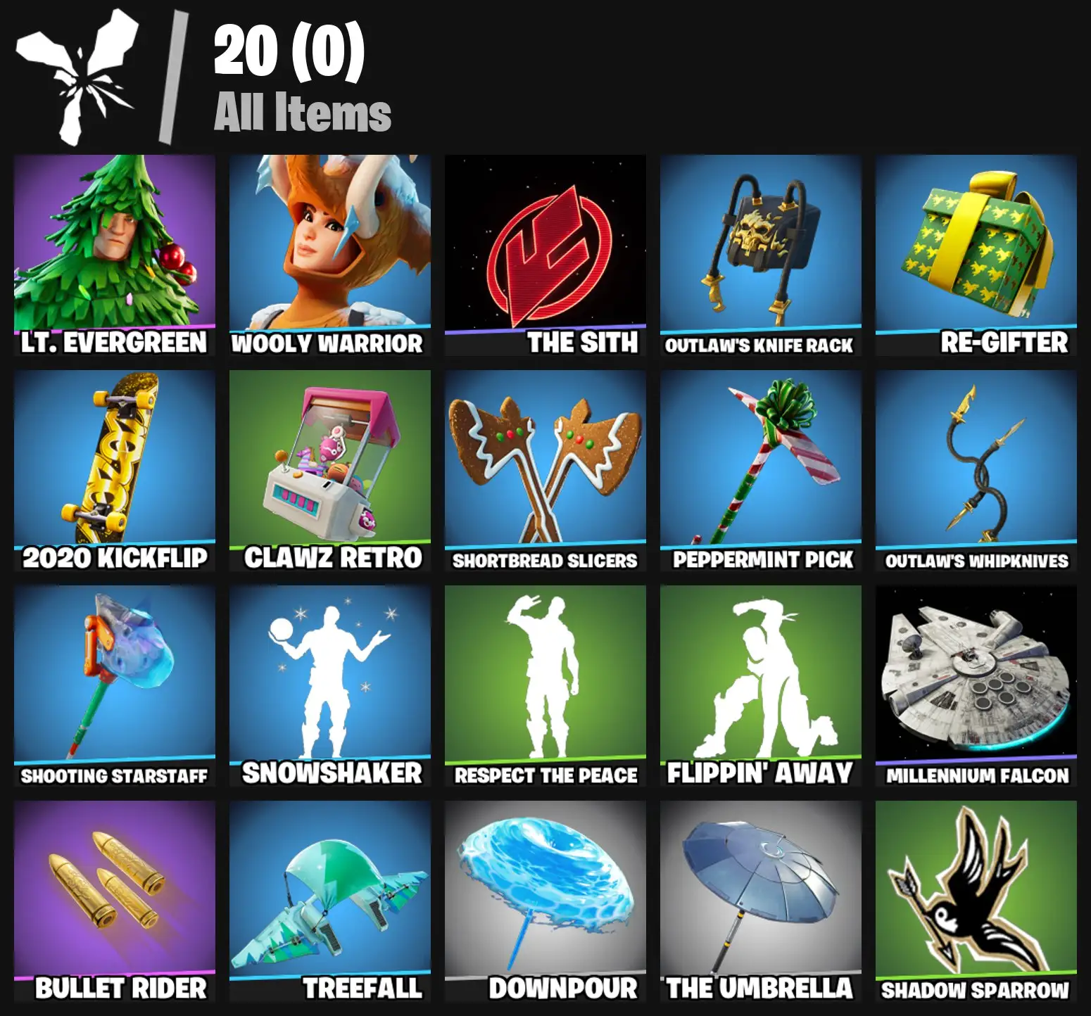 [PC/PSN/XBOX] 2 skins | Lt. Evergreen | Wooly Warrior | The Sith | Outlaw's Knife Rack | Re-gifter | 2020 Kickflip | Clawz Retro | Shortbread Slicers | 0 VB