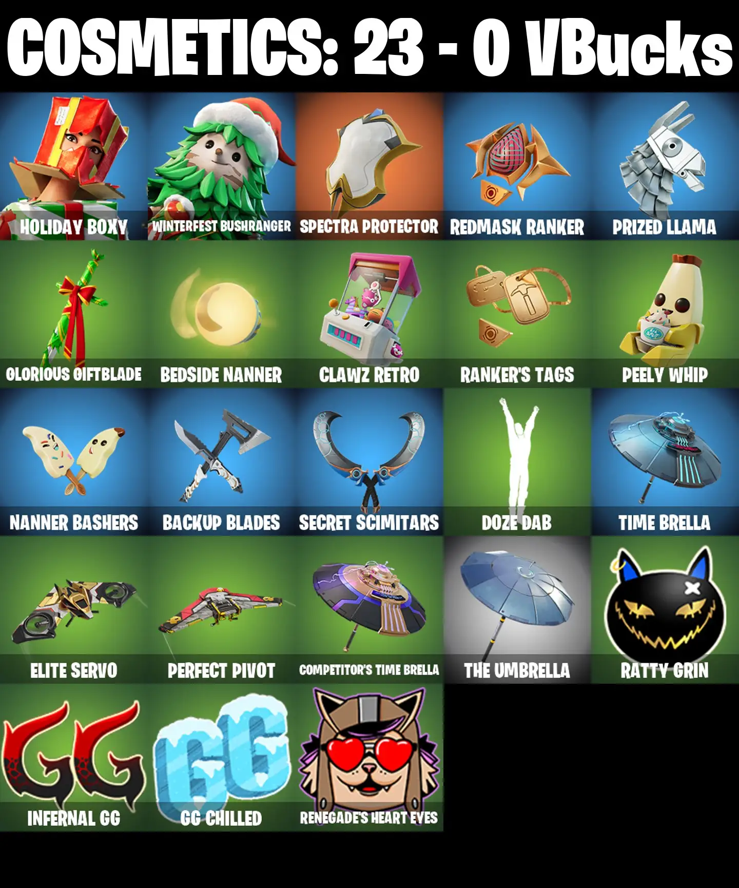 [PC/PSN/XBOX] 2 skins | Holiday Boxy | Winterfest Bushranger | Spectra Protector | Redmask Ranker | Prized Llama | Glorious Giftblade | Bedside Nanner | 0 VB