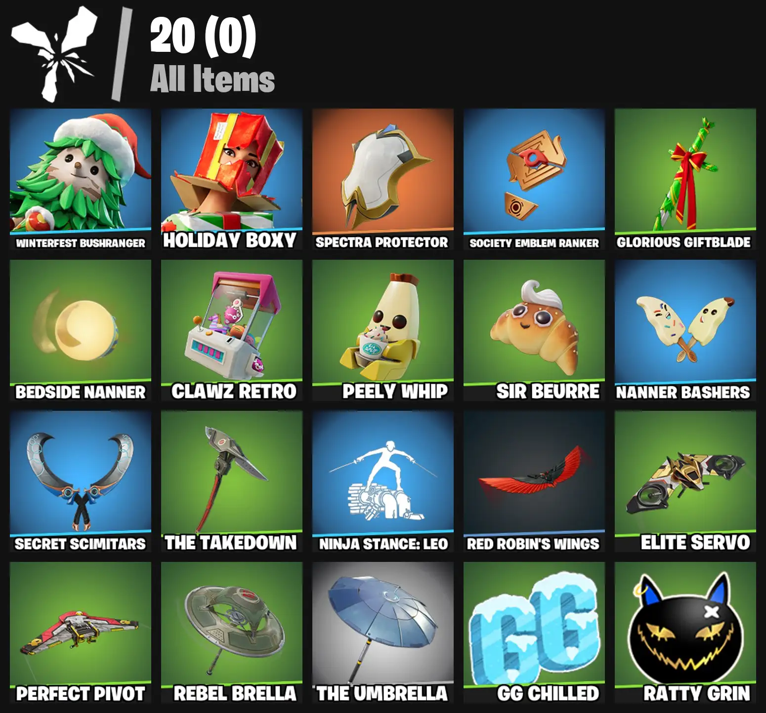 [PC/PSN/XBOX] 2 skins | Winterfest Bushranger | Holiday Boxy | Spectra Protector | Society Emblem Ranker | Glorious Giftblade | Bedside Nanner | 100 VB