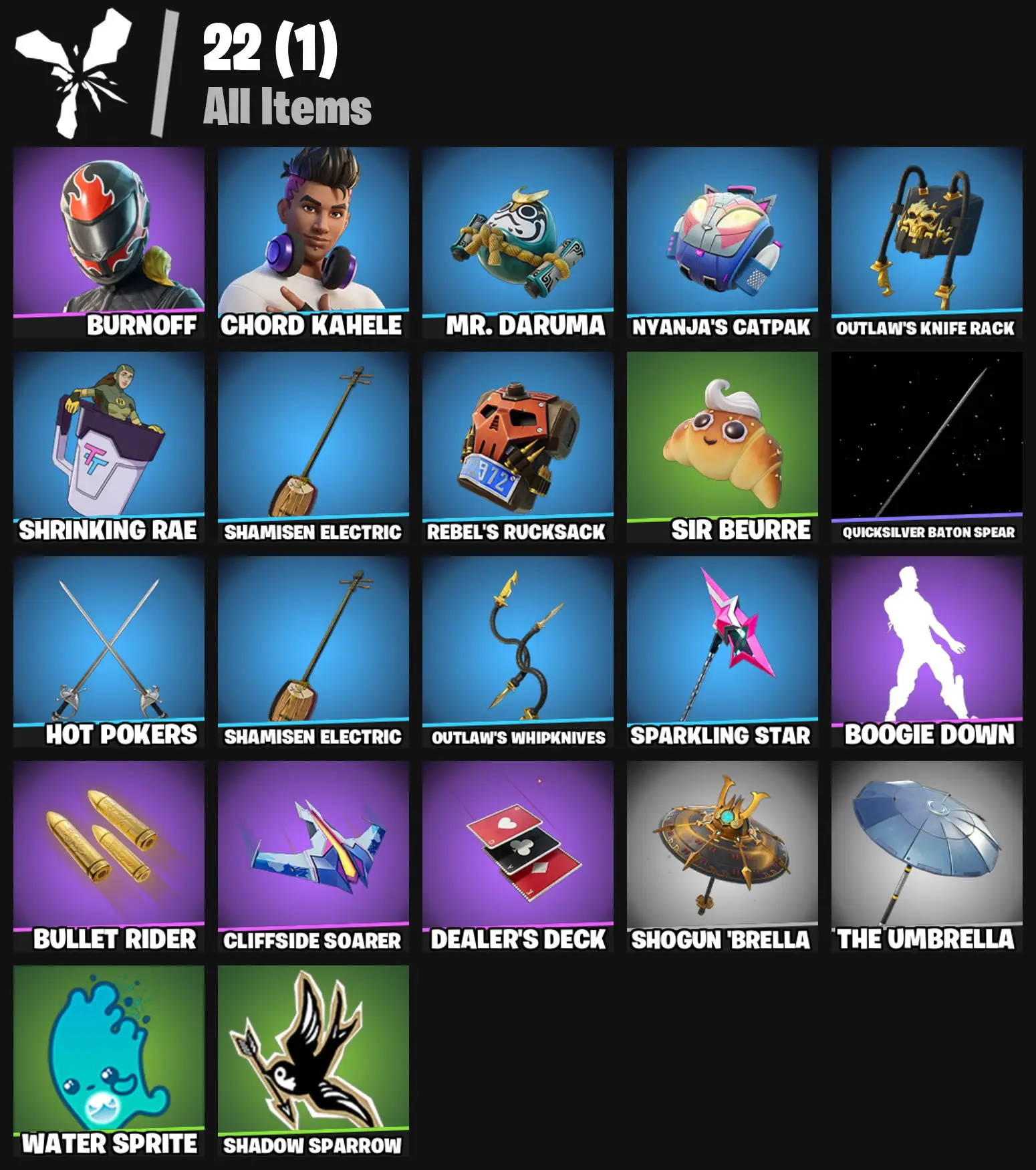 [PC/PSN/XBOX] 2 skins | Burnoff | Chord Kahele | Mr. Daruma | Nyanja's Catpak | Outlaw's Knife Rack | Shrinking Rae | Shamisen Electric | 200 VB