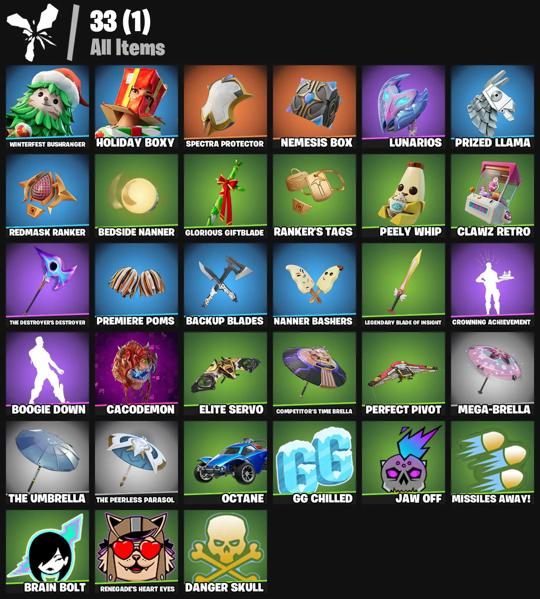 [PC/PSN/XBOX] 2 skins | Winterfest Bushranger | Holiday Boxy | Spectra Protector | Nemesis Box | Lunarios | Prized Llama | Redmask Ranker | 0 VB