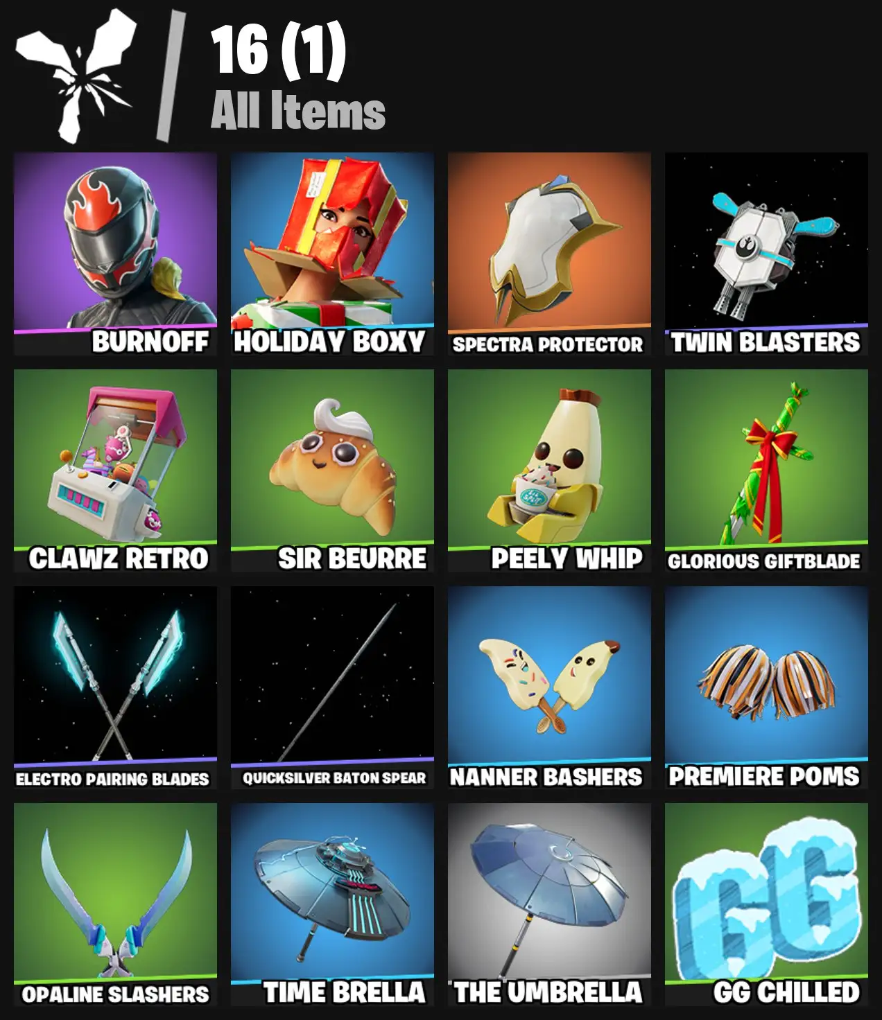 [PC/PSN/XBOX] 2 skins | Burnoff | Holiday Boxy | Spectra Protector | Twin Blasters | Clawz Retro | Sir Beurre | Peely Whip | Glorious Giftblade | 100 VB