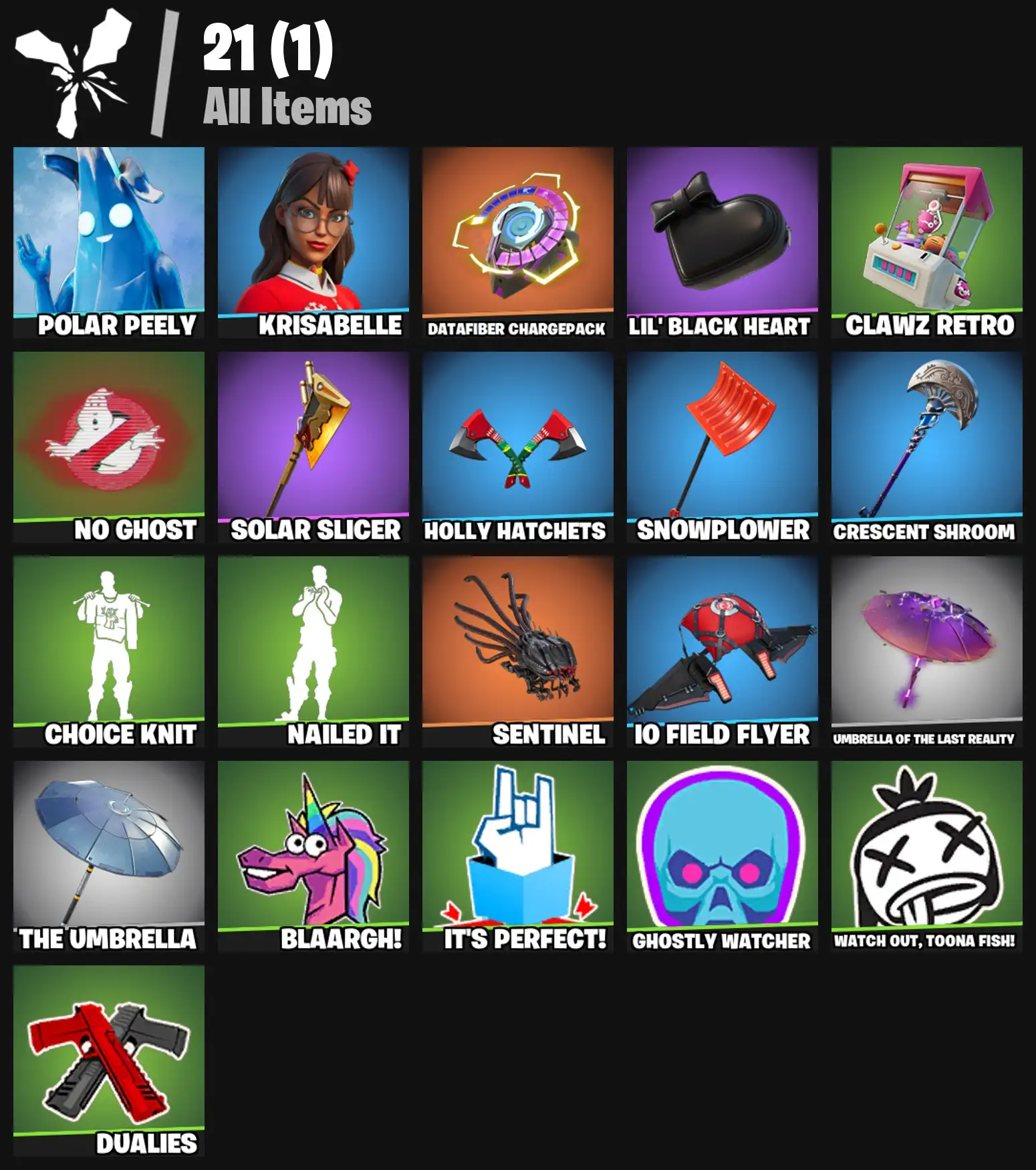 [PC/PSN/XBOX] 2 skins | Polar Peely | Krisabelle | Datafiber Chargepack | Lil' Black Heart | Clawz Retro | No Ghost | Solar Slicer | Holly Hatchets | 200 VB