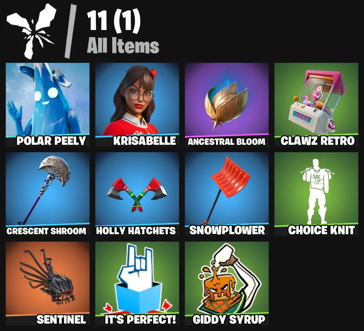 [PC/PSN/XBOX] 2 skins | Polar Peely | Krisabelle | Ancestral Bloom | Clawz Retro | Crescent Shroom | Holly Hatchets | Snowplower | Choice Knit | 0 VB
