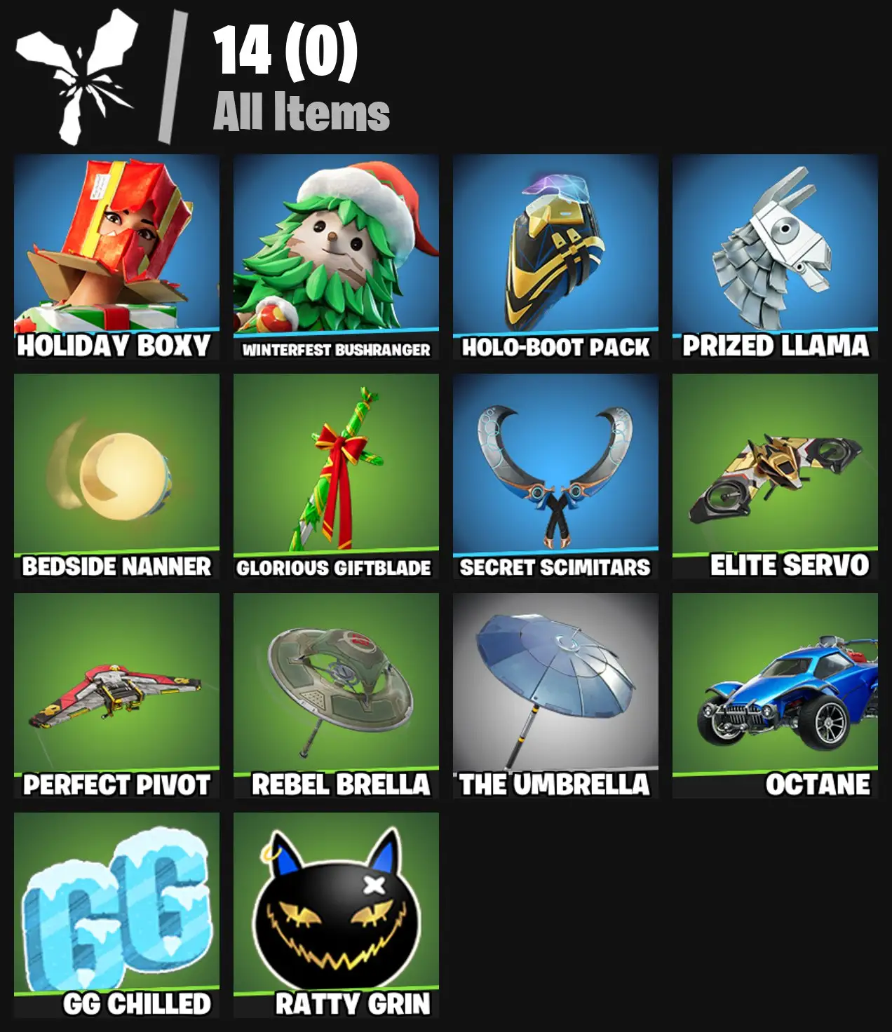 [PC/PSN/XBOX] 2 skins | Holiday Boxy | Winterfest Bushranger | Holo-Boot Pack | Prized Llama | Bedside Nanner | Glorious Giftblade | 100 VB