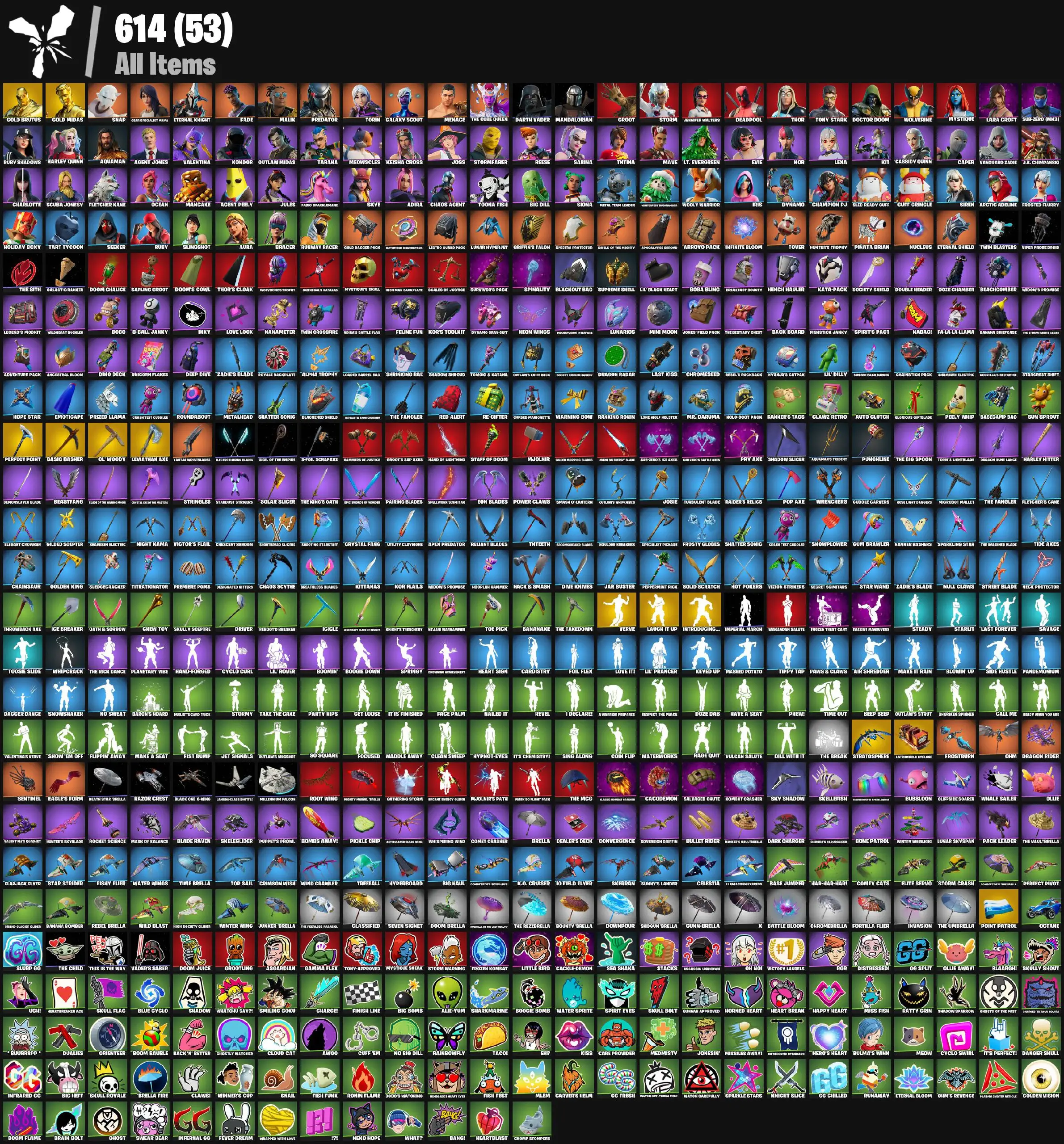 [PC/PSN/XBOX] 83 skins | Gold Brutus | Gold Midas | Tart Tycoon | Holo-Boot Pack | Neon Wings | Clawz Retro | Shooting Starstaff | Ol' Woody | Perfect Point |