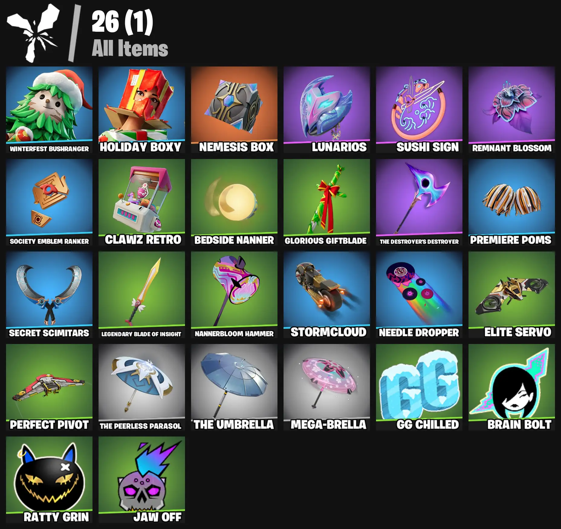 [PC/PSN/XBOX] 2 skins | Winterfest Bushranger | Holiday Boxy | Nemesis Box | Lunarios | Sushi Sign | Remnant Blossom | Society Emblem Ranker | 100 VB