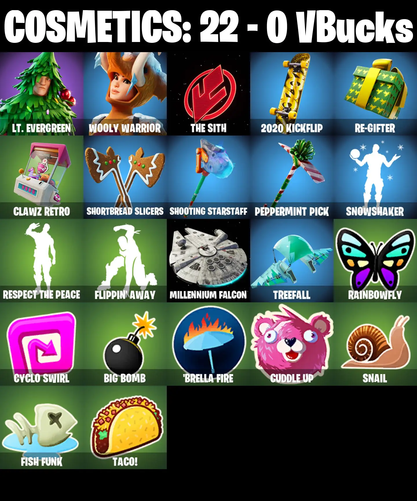 [PC/PSN/XBOX] 2 skins | Lt. Evergreen | Wooly Warrior | The Sith | 2020 Kickflip | Re-gifter | Clawz Retro | Shortbread Slicers | Shooting Starstaff | 0 VB