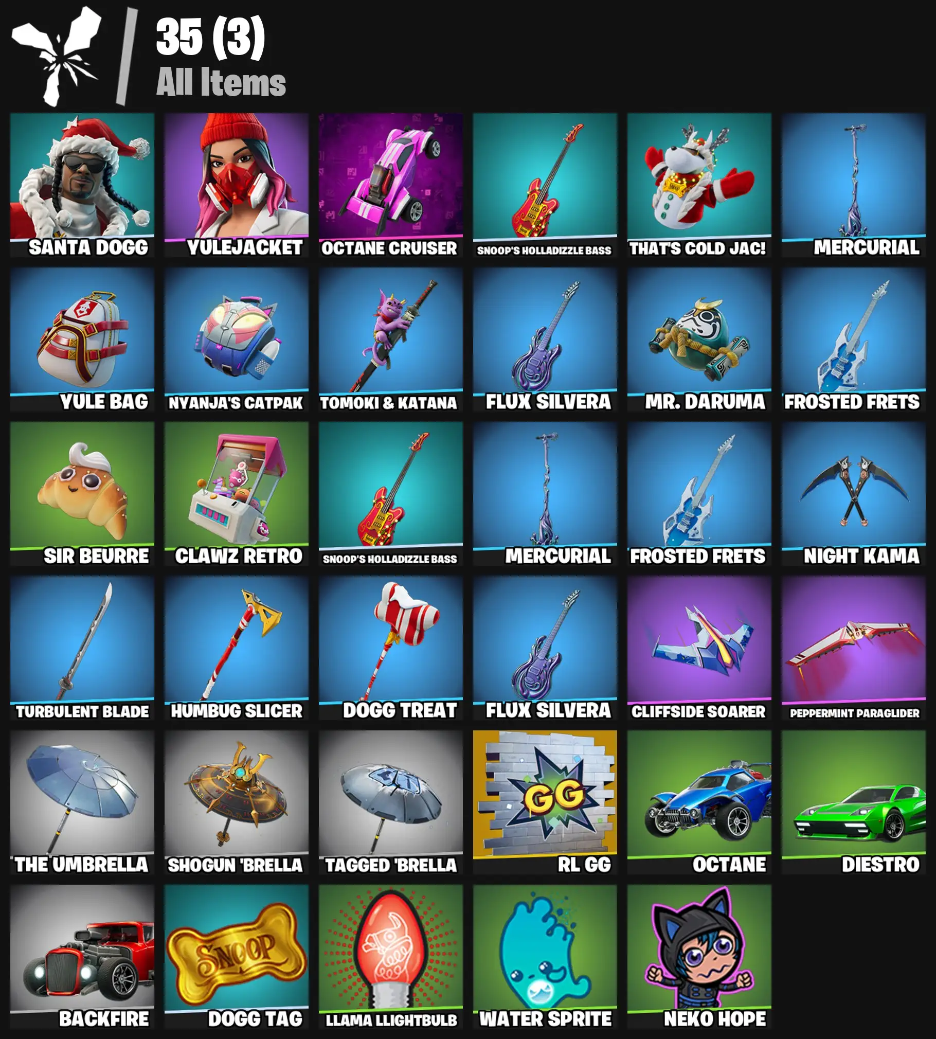 [PC/PSN/XBOX] 2 skins | Santa Dogg | Yulejacket | Octane Cruiser | Snoop's Holladizzle Bass | That's Cold Jac! | Mercurial | Yule Bag | 100 VB