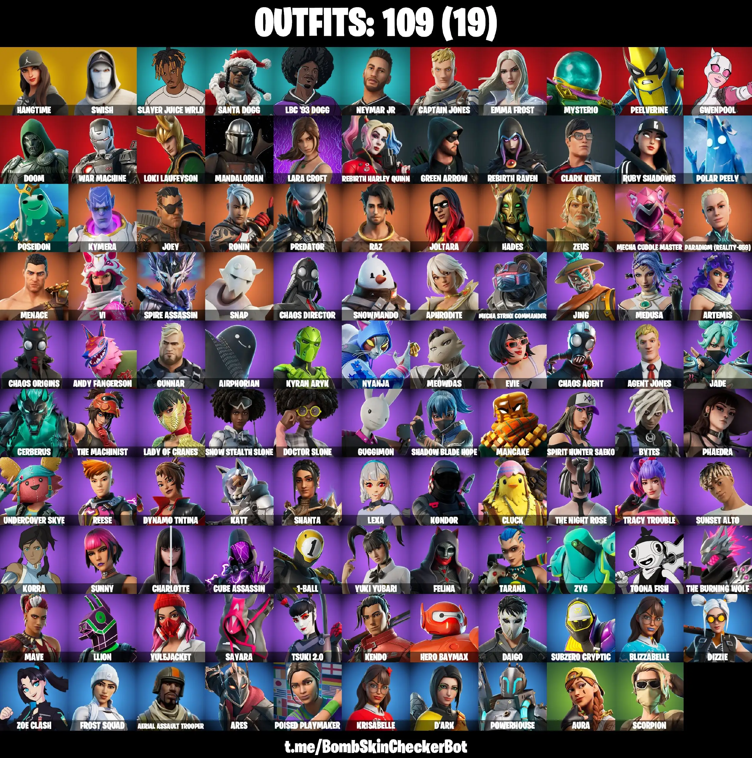 [PC/PSN/XBOX] 108 Stacked skins | Aerial Assault Trooper | Swish | Lara Croft | Mandalorian | Droopy | Predator | HangTime| 200 VB