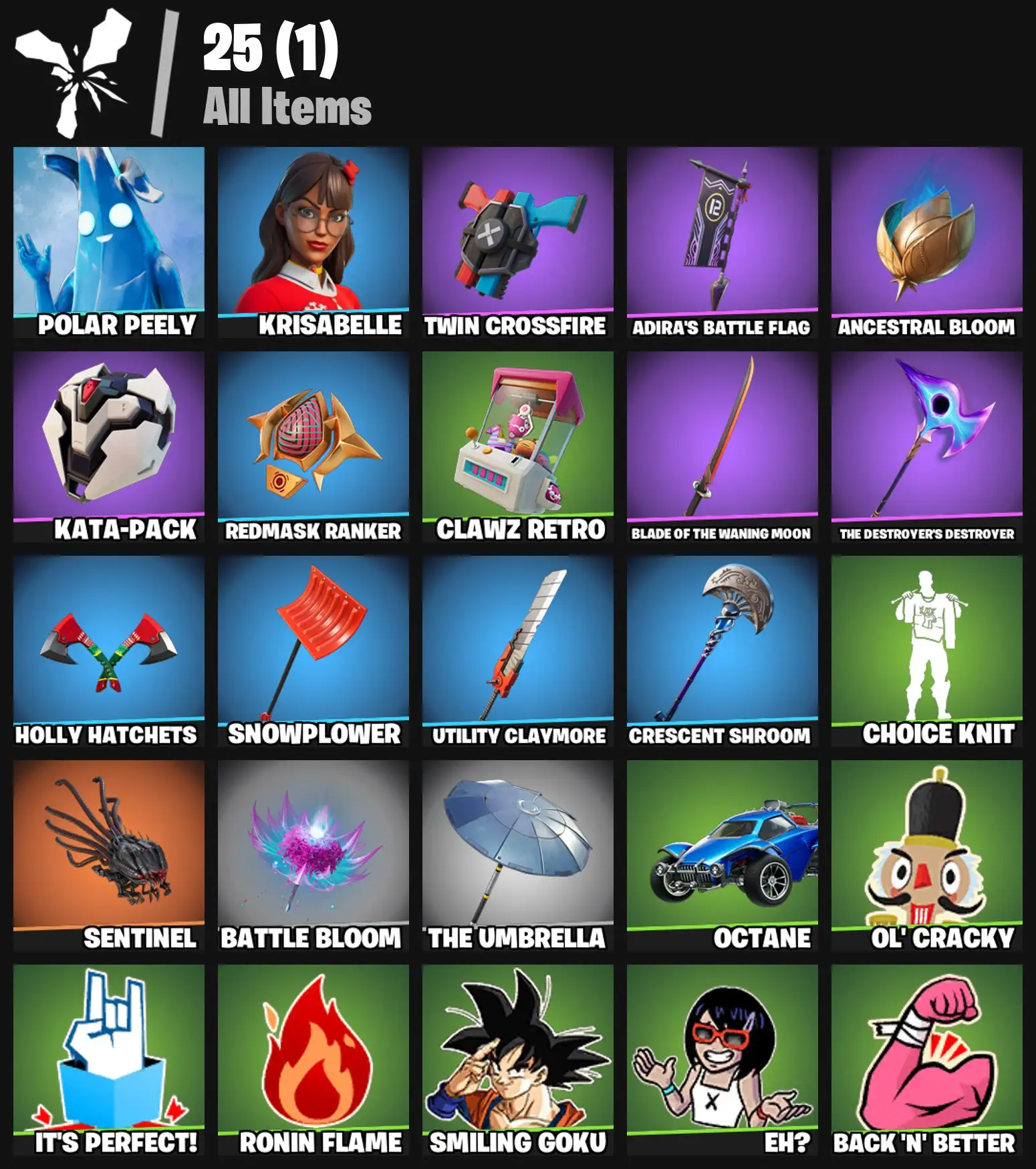 [PC/PSN/XBOX] 2 skins | Polar Peely | Krisabelle | Twin Crossfire | Adira's Battle Flag | Ancestral Bloom | Kata-Pack | Redmask Ranker | Clawz Retro | 200 VB