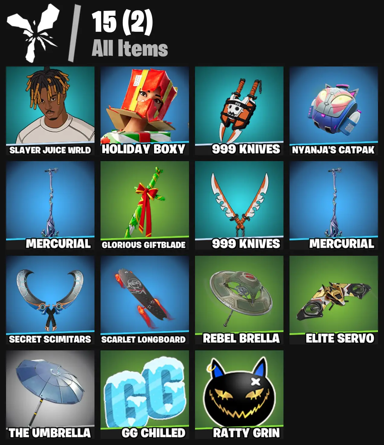 [PC/PSN/XBOX] 2 skins | Slayer Juice WRLD | Holiday Boxy | 999 Knives | Nyanja's Catpak | Mercurial | Glorious Giftblade | 999 Knives | Mercurial | 0 VB