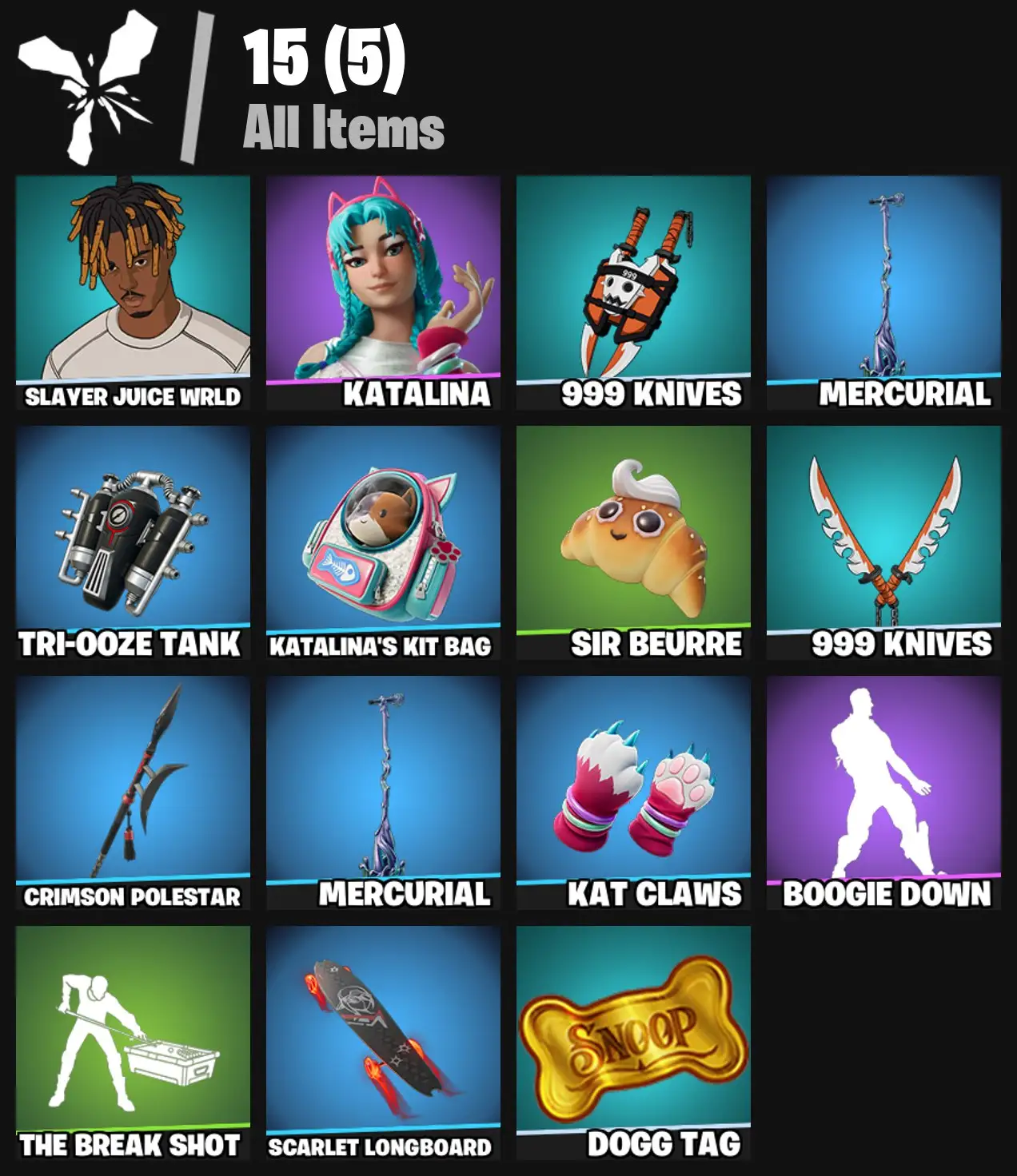 [PC/PSN/XBOX] 2 skins | Slayer Juice WRLD | Katalina | 999 Knives | Mercurial | Tri-Ooze Tank | Katalina's Kit Bag | Sir Beurre | 999 Knives | 0 VB