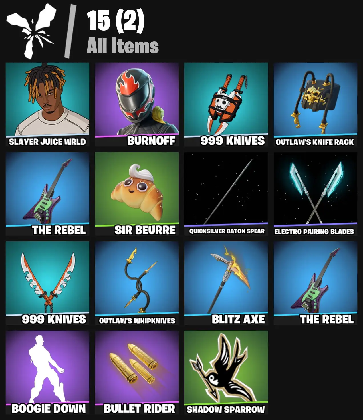 [PC/PSN/XBOX] 2 skins | Slayer Juice WRLD | Burnoff | 999 Knives | Outlaw's Knife Rack | The Rebel | Sir Beurre | Quicksilver Baton Spear | 0 VB