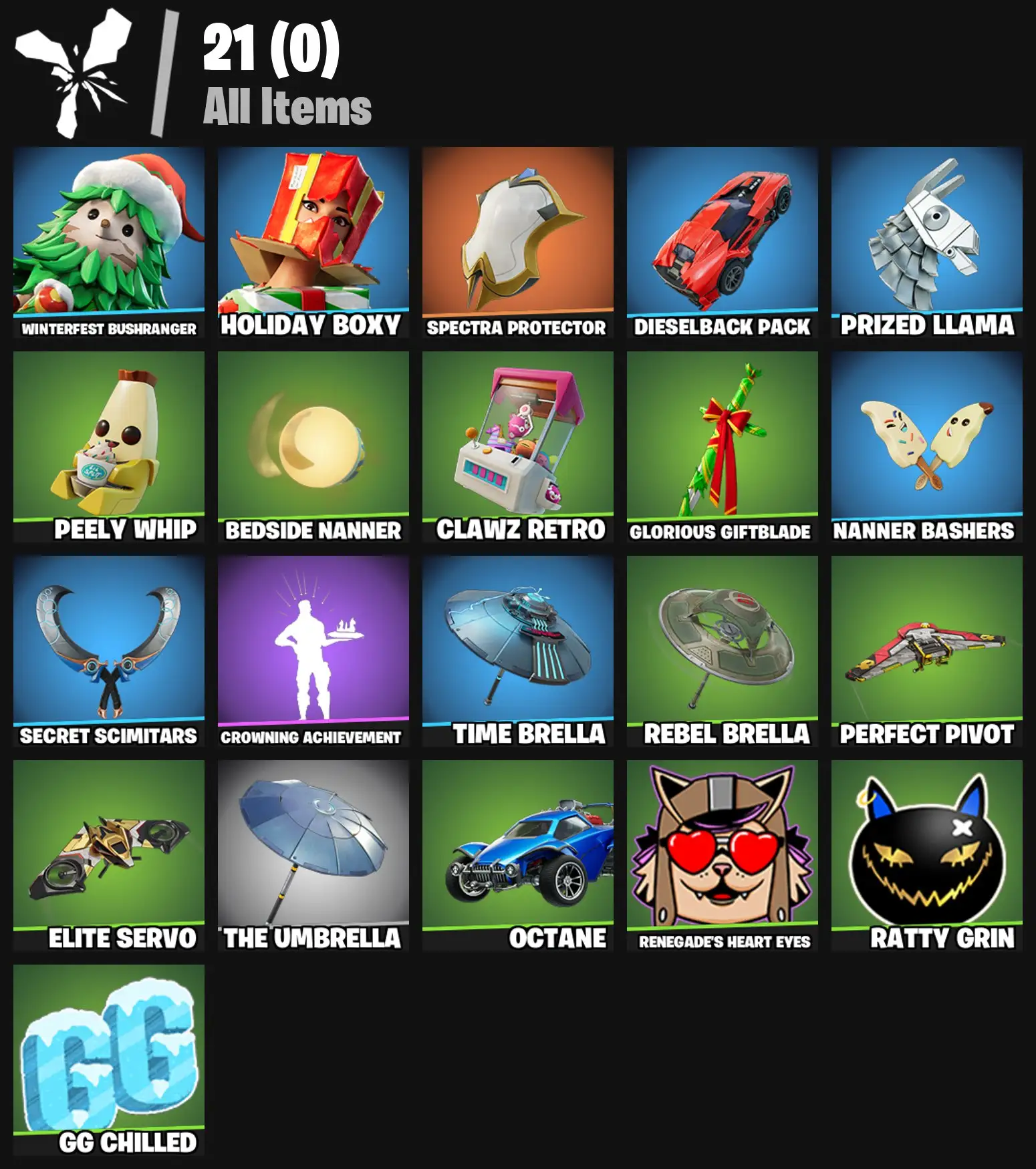 [PC/PSN/XBOX] 2 skins | Winterfest Bushranger | Holiday Boxy | Spectra Protector | Dieselback Pack | Prized Llama | Peely Whip | Bedside Nanner | 100 VB