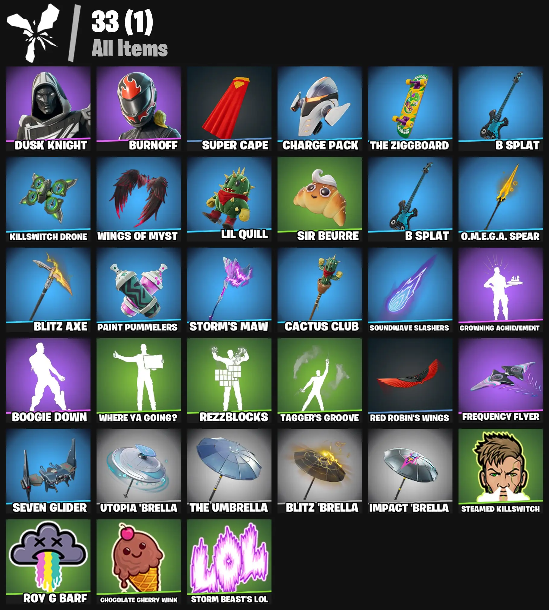 [PC/PSN/XBOX] 2 skins | Blitz Knight | Burnoff | Super Cape | Charge Pack | The Ziggboard | B Splat | Killswitch Drone | Wings of Myst | Lil Quill | 0 VB