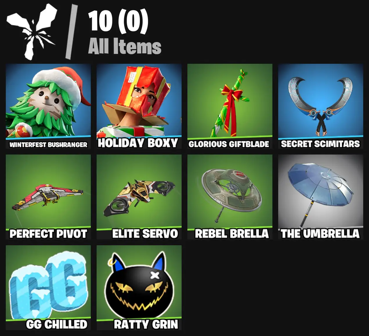 [PC/PSN/XBOX] 2 skins | Winterfest Bushranger | Holiday Boxy | Glorious Giftblade | Secret Scimitars | Perfect Pivot | Elite Servo | Rebel Brella | 0 VB