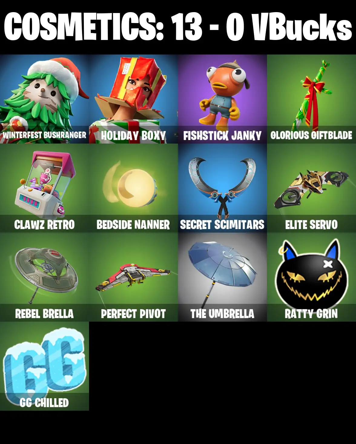 [PC/PSN/XBOX] 2 skins | Winterfest Bushranger | Holiday Boxy | Fishstick Janky | Glorious Giftblade | Clawz Retro | Bedside Nanner | Secret Scimitars | 0 VB