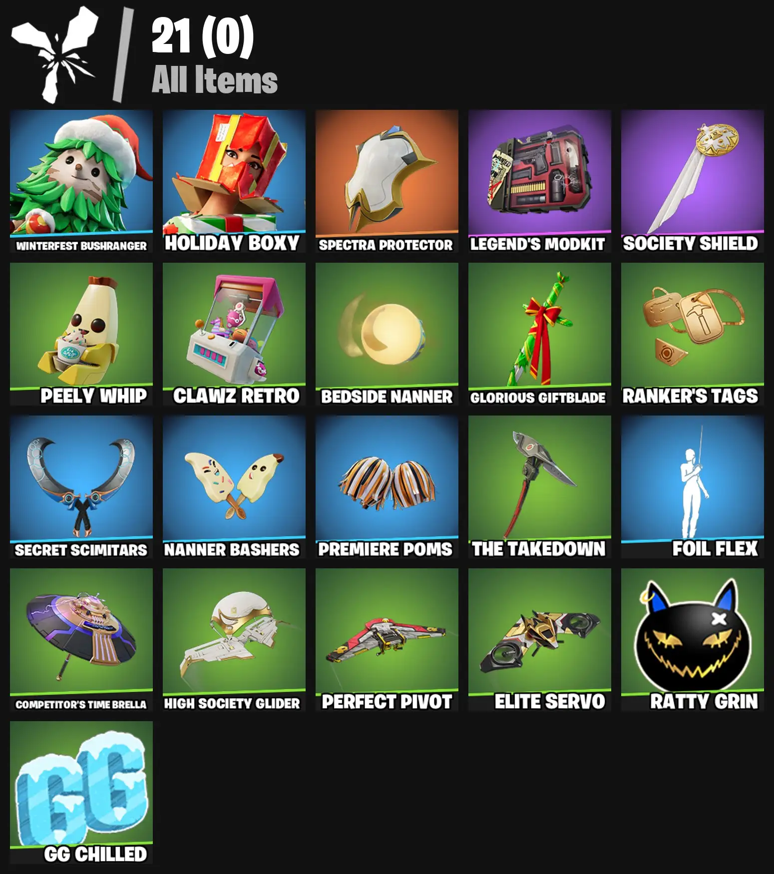 [PC/PSN/XBOX] 2 skins | Winterfest Bushranger | Holiday Boxy | Spectra Protector | Legend's Modkit | Society Shield | Peely Whip | Clawz Retro | 100 VB