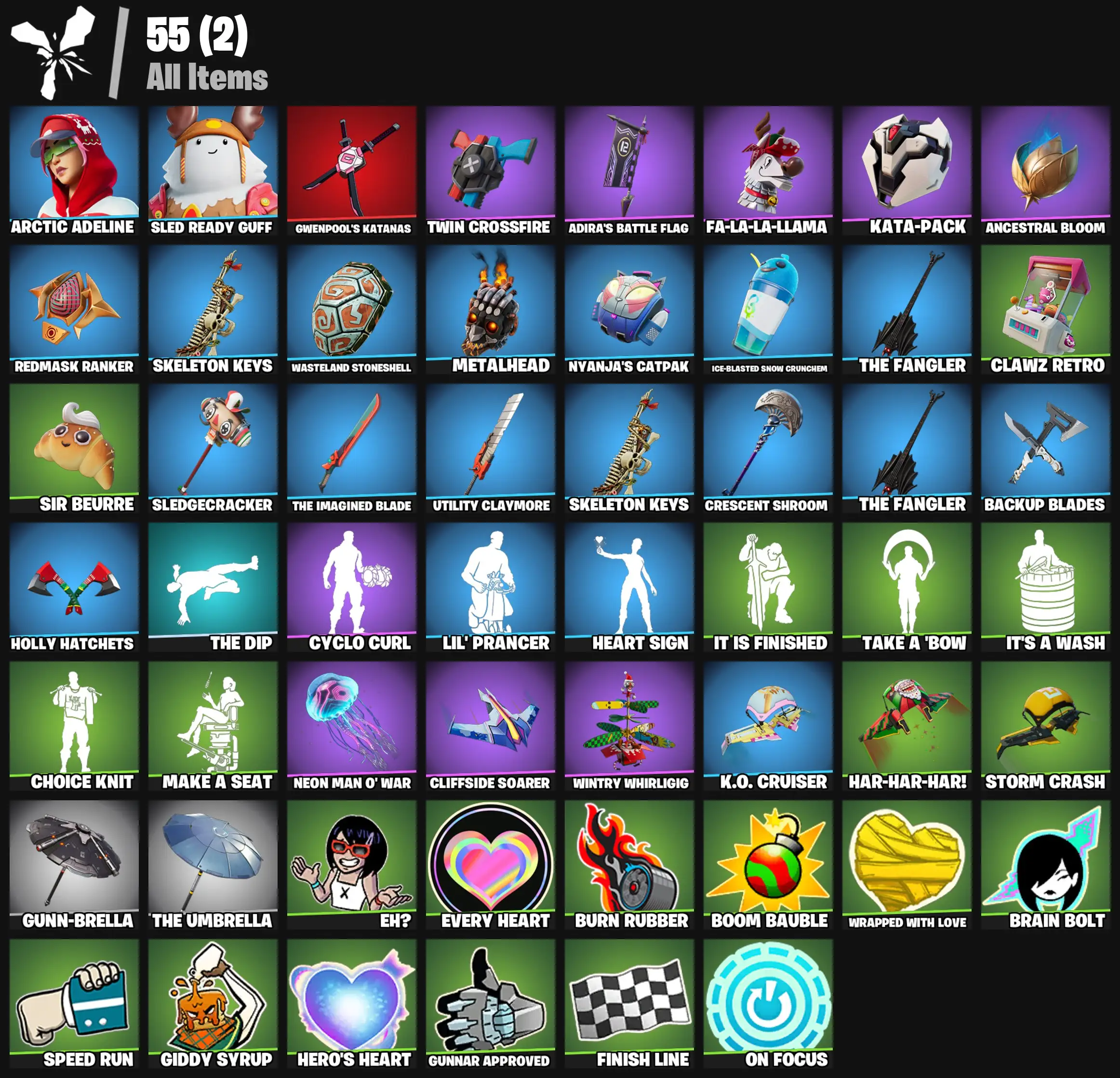 [PC/PSN/XBOX] 2 skins | Arctic Adeline | Sled Ready Guff | Gwenpool's Katanas | Twin Crossfire | Adira's Battle Flag | Fa-la-la-Llama | Kata-Pack | 100 VB