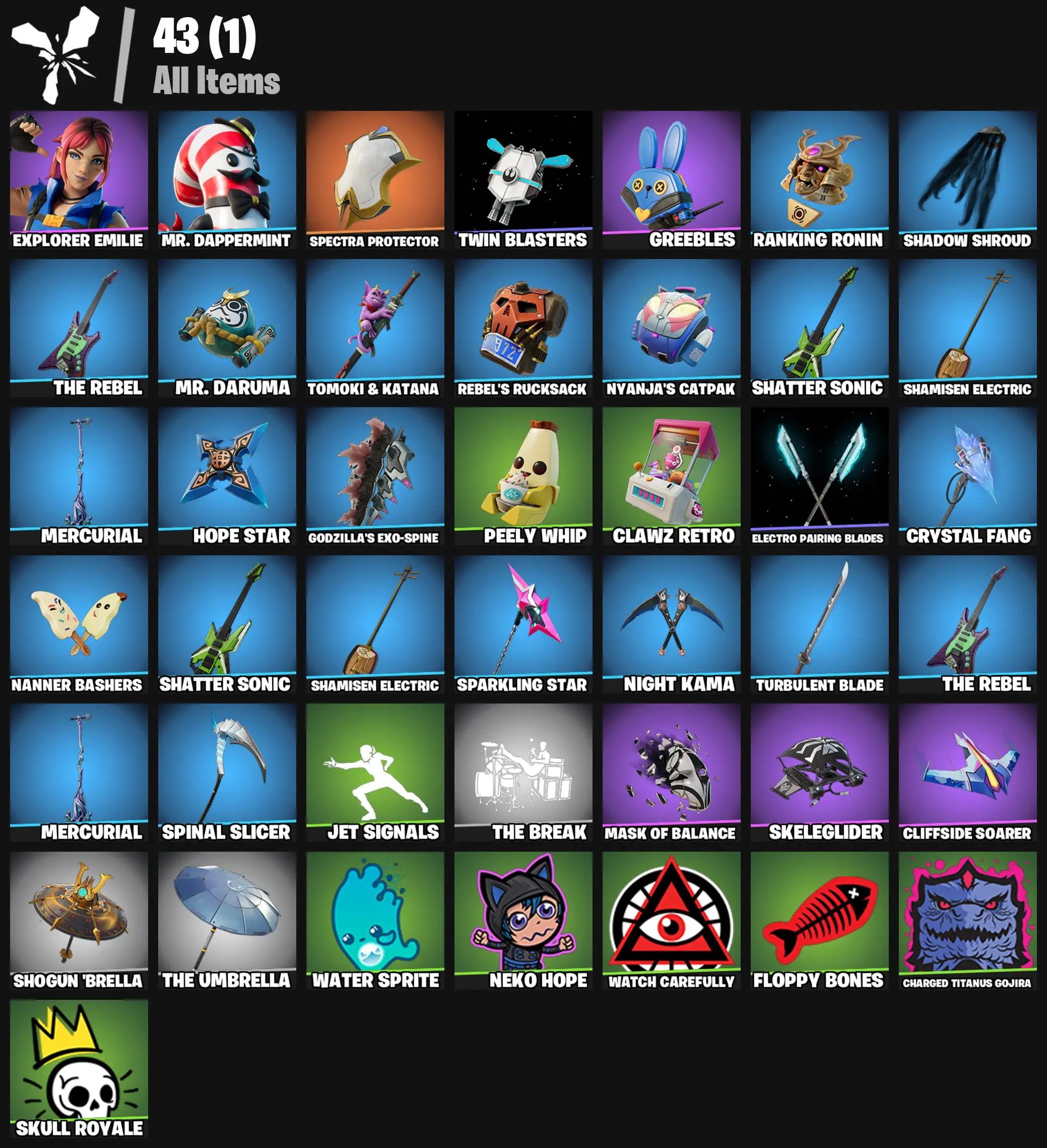 [PC/PSN/XBOX] 2 skins | Explorer Emilie | Mr. Dappermint | Spectra Protector | Twin Blasters | Greebles | Ranking Ronin | Shadow Shroud | The Rebel | 200 VB