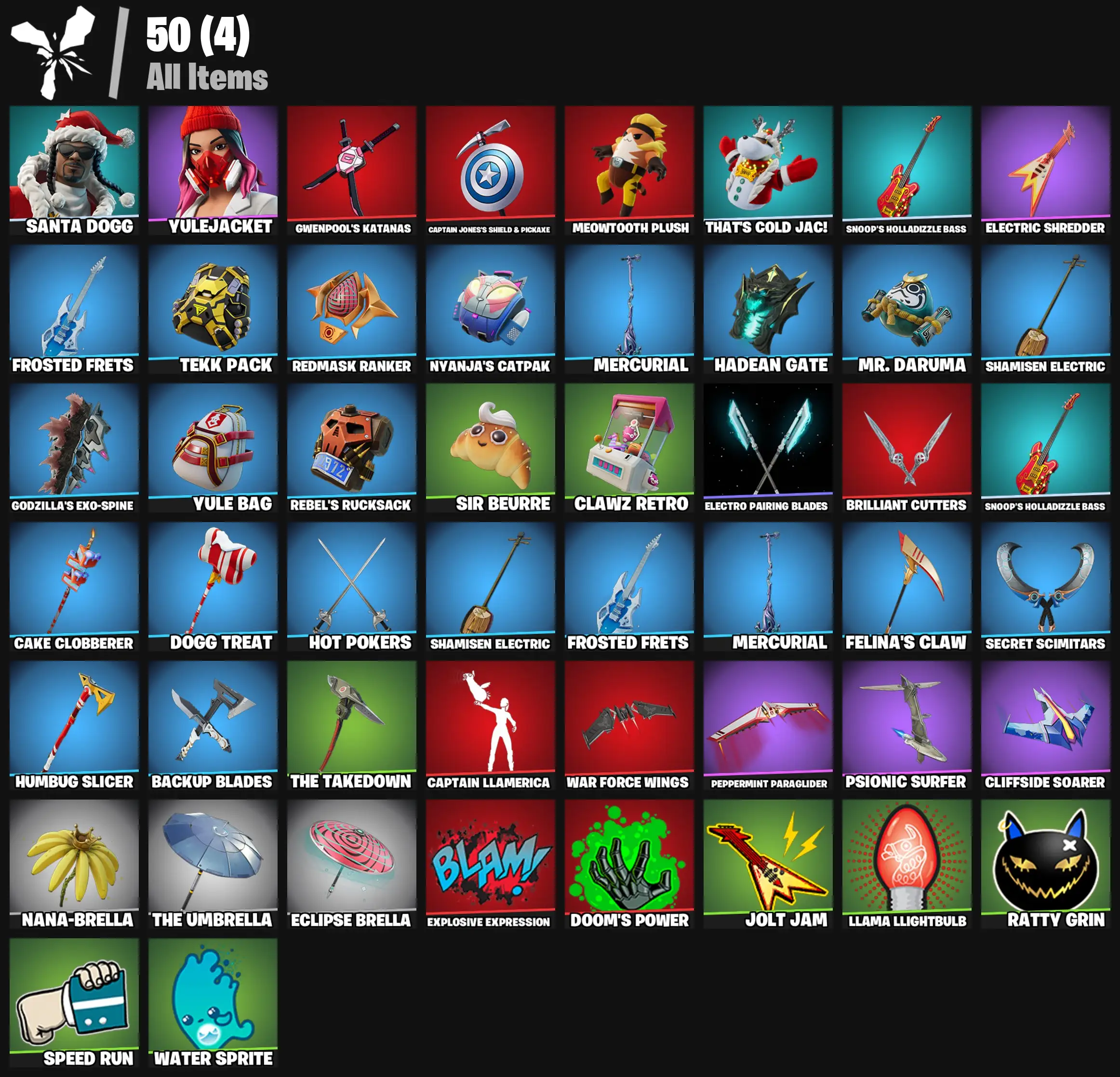 [PC/PSN/XBOX] 2 skins | Santa Dogg | Yulejacket | Gwenpool's Katanas | Captain Jones's Shield & Pickaxe | Meowtooth Plush | That's Cold Jac! | 400 VB