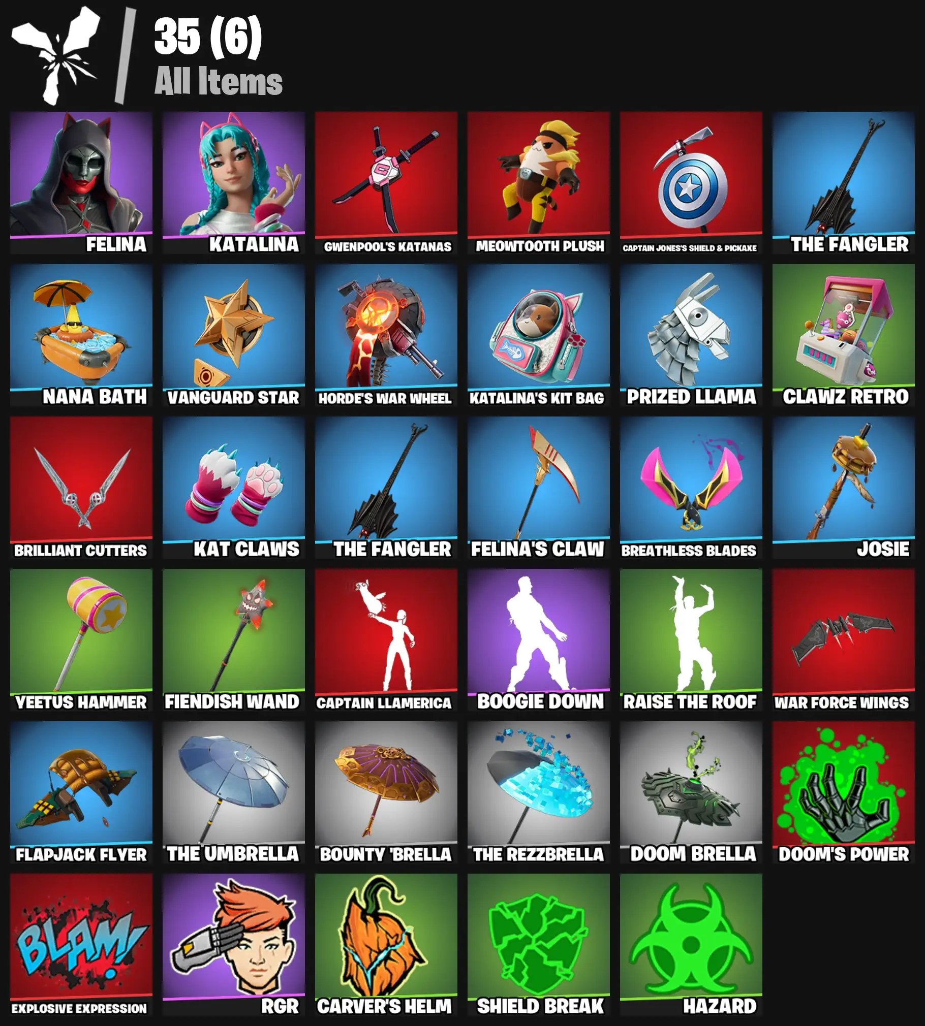 [PC/PSN/XBOX] 2 skins | Felina | Katalina | Gwenpool's Katanas | Meowtooth Plush | Captain Jones's Shield & Pickaxe | The Fangler | NaNa Bath | 100 VB