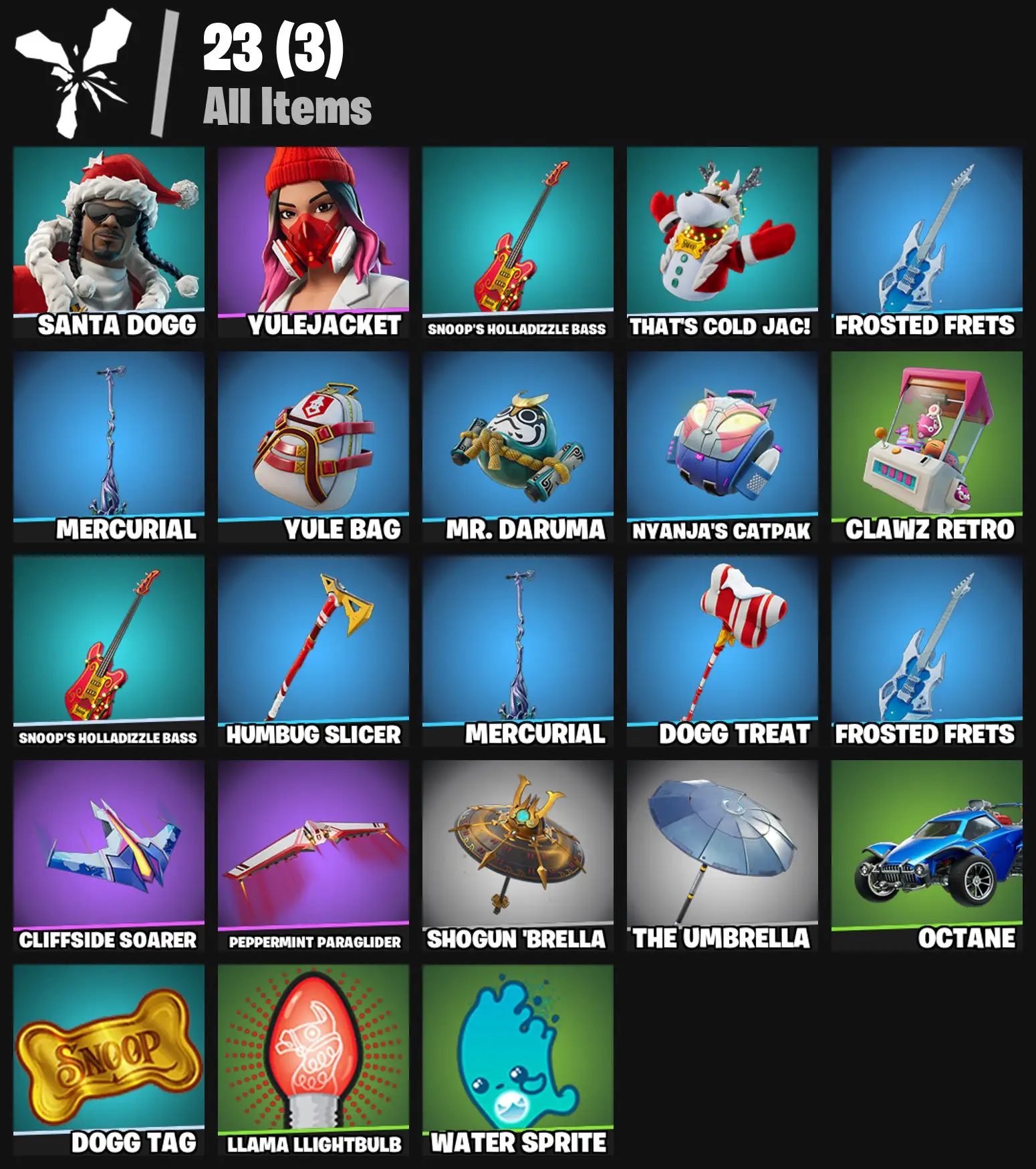[PC/PSN/XBOX] 2 skins | Santa Dogg | Yulejacket | Snoop's Holladizzle Bass | That's Cold Jac! | Frosted Frets | Mercurial | Yule Bag | Mr. Daruma | 100 VB