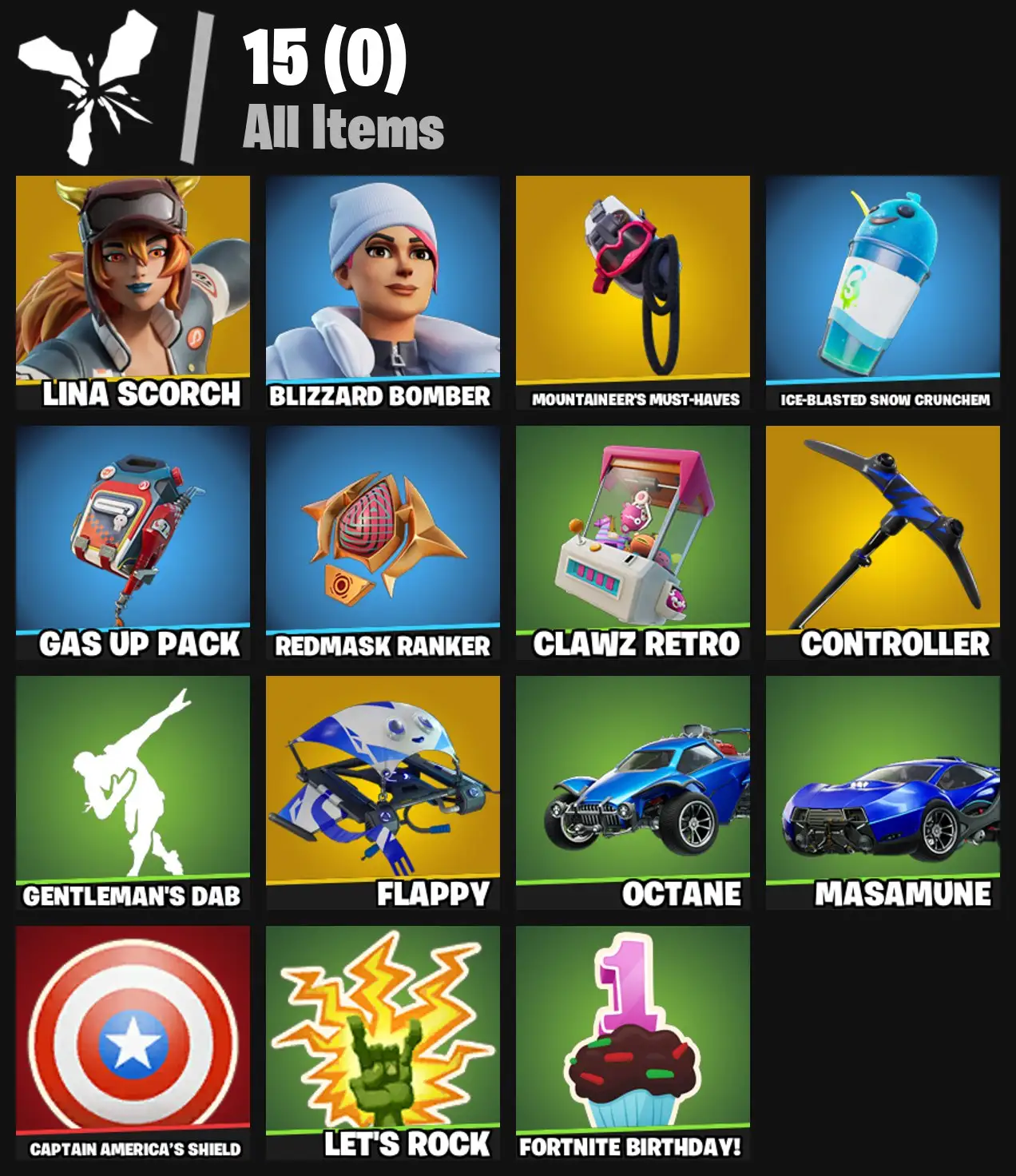 [PC/PSN/XBOX] 2 skins | Lina Scorch | Mountaineer's Must-Haves | Controller | Flappy | Blizzard Bomber | Ice-Blasted Snow Crunchem | Gas Up Pack | 0 VB