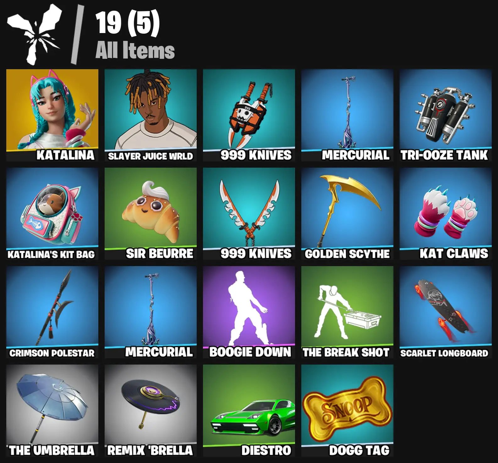 [PC/PSN/XBOX] 2 skins | Katalina | Slayer Juice WRLD | 999 Knives | Mercurial | Tri-Ooze Tank | Katalina's Kit Bag | Sir Beurre | 999 Knives | 0 VB