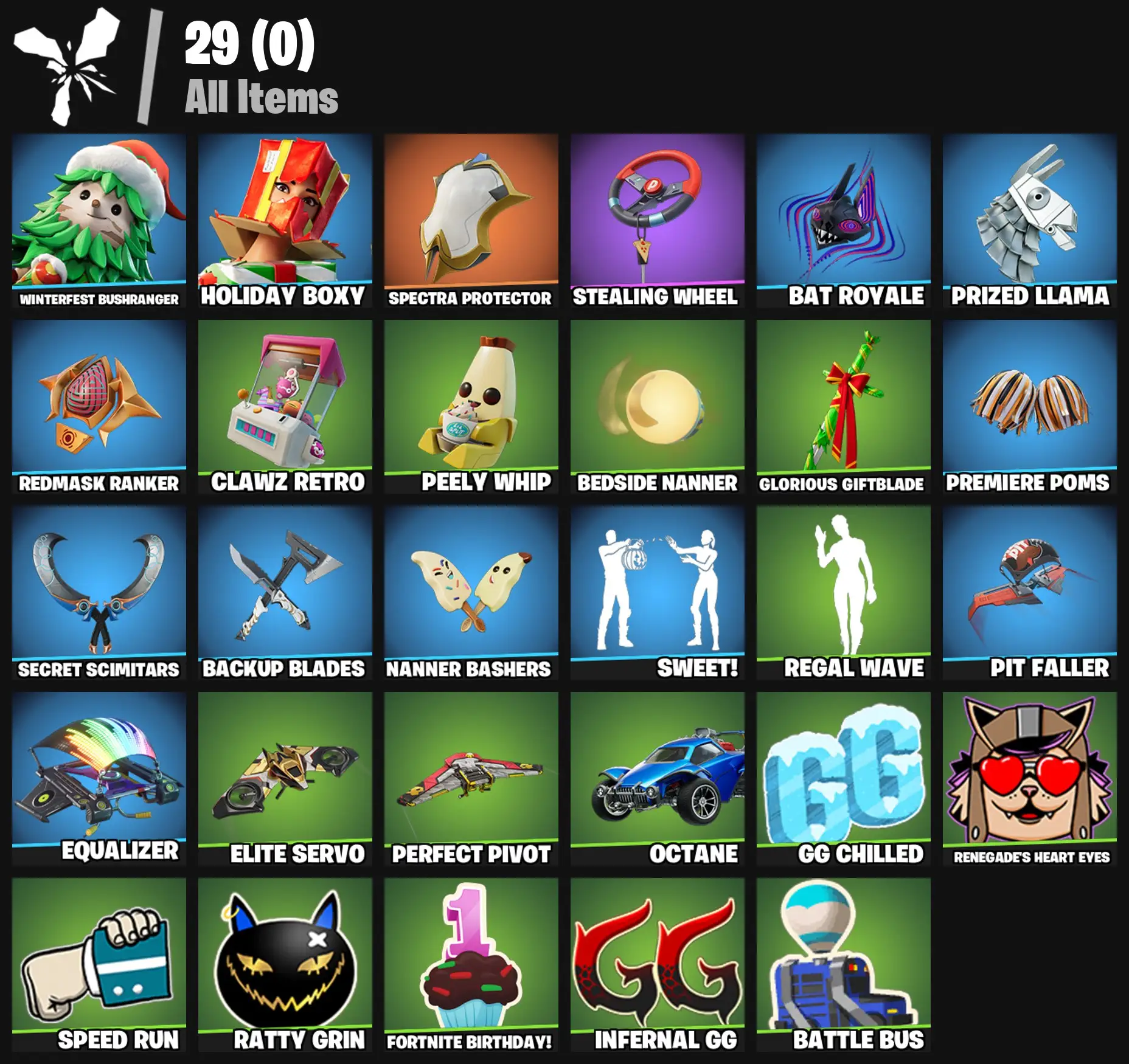 [PC/PSN/XBOX] 2 skins | Winterfest Bushranger | Holiday Boxy | Spectra Protector | Stealing Wheel | Bat Royale | Prized Llama | Redmask Ranker | 100 VB