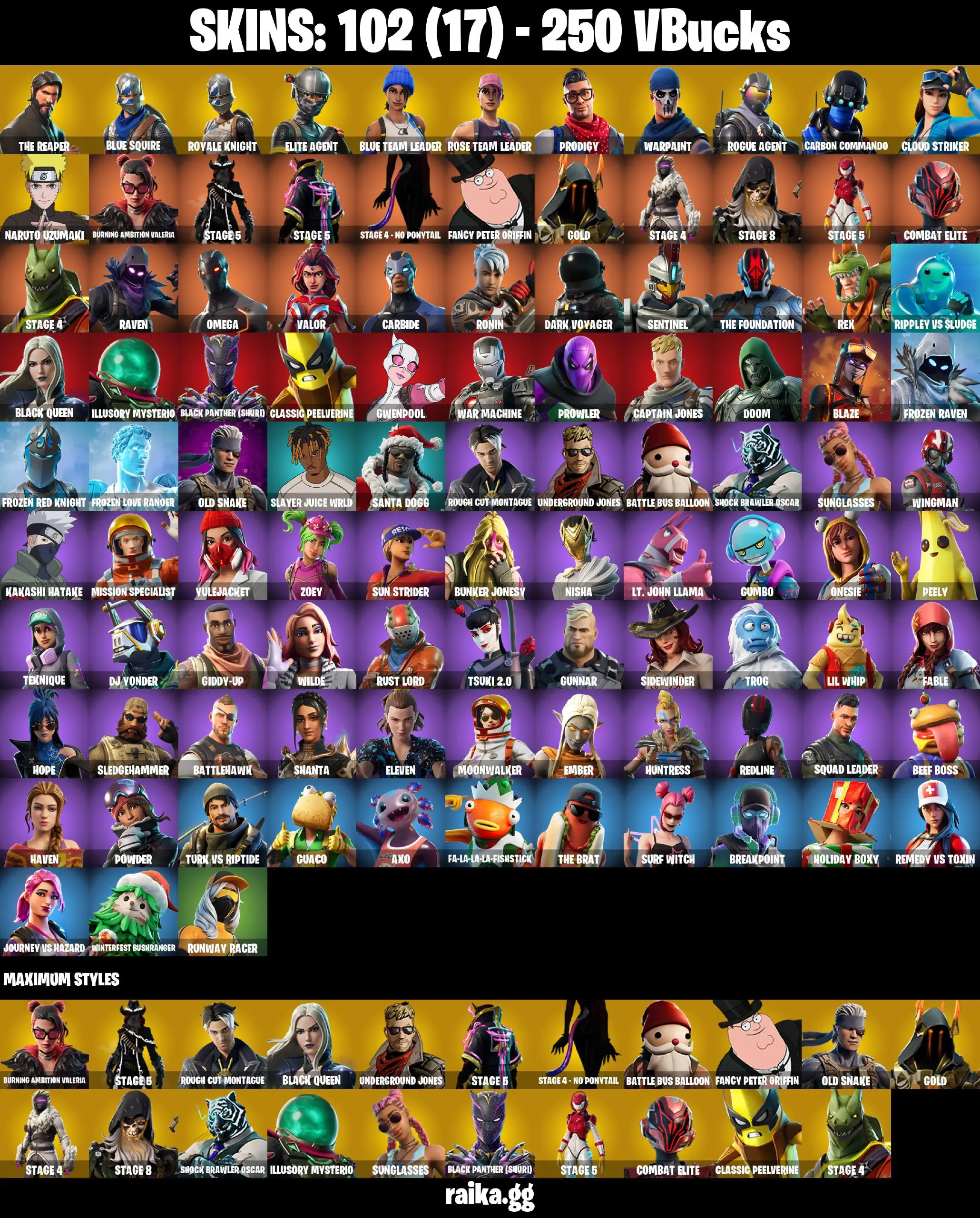[PC/PS/XB/NIN] 102 skins The Reaper | Blue Squire | OG STW | Take The L | Royale Knight | Elite Agent | Mako | Prodigy | Rogue Agent | Omega | Naruto 